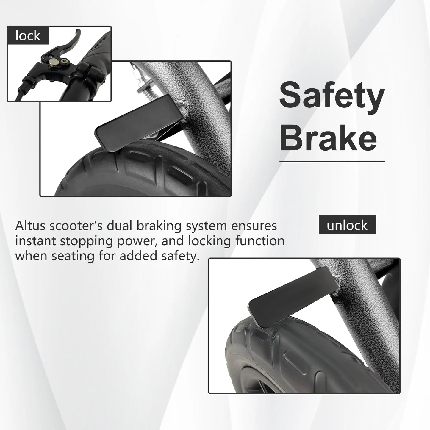 A detailed view of the knee scooter's dual braking system, emphasizing the safety brake mechanism. The image shows the lock and unlock positions, ensuring instant stopping power and added safety when the user is seated. This feature is crucial for preventing accidents and providing peace of mind to users.