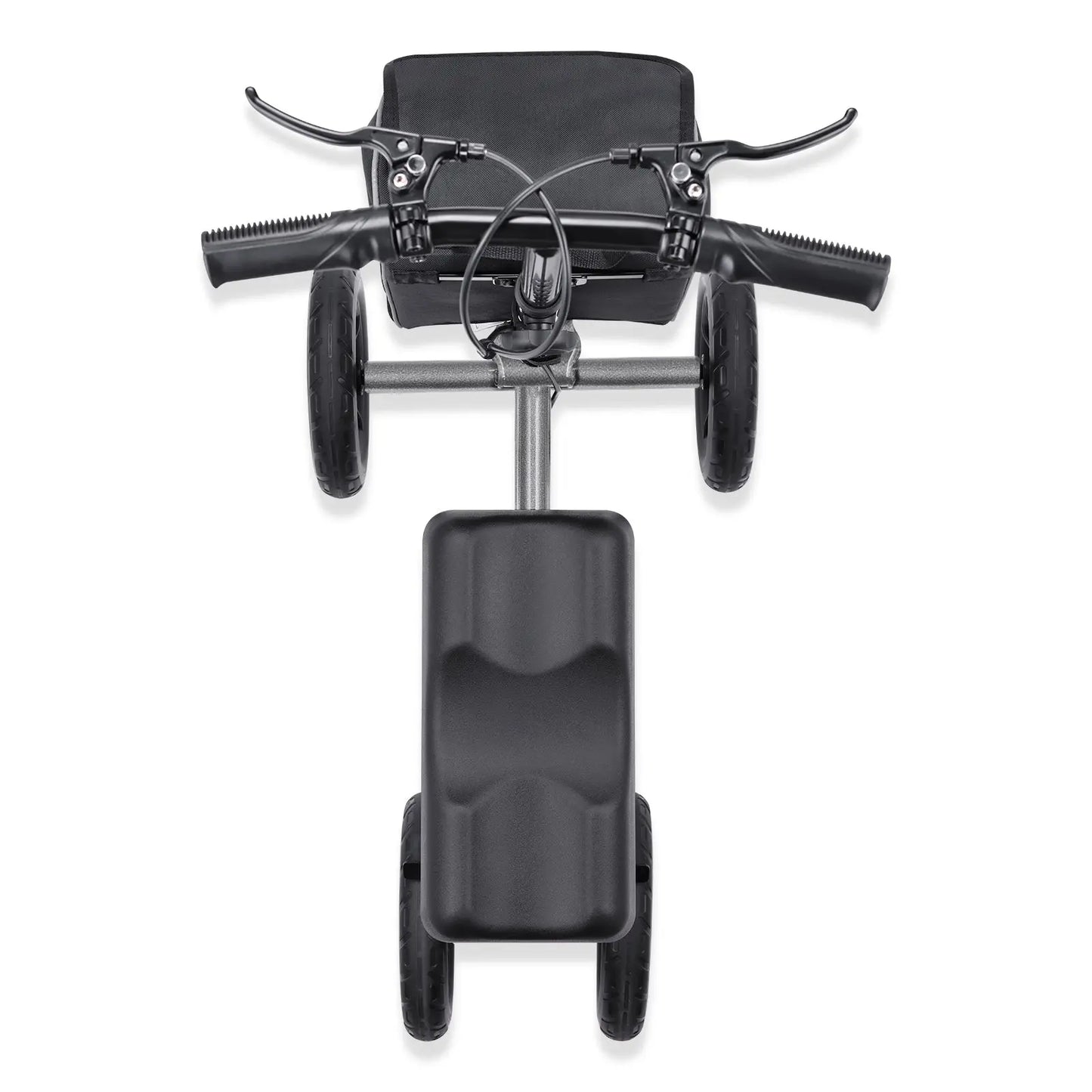 A top-down perspective of the knee scooter, showcasing the ergonomic design of the handlebars and knee pad. This angle provides a comprehensive view of the scooter's layout, including the handlebar controls and spacious knee support, ensuring ease of use and comfort for users.