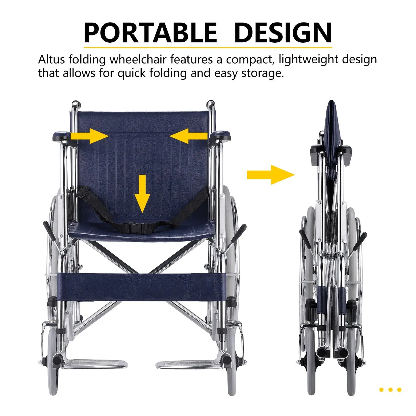 Front and side view of the chrome wheelchair with a folding mechanism highlighted.