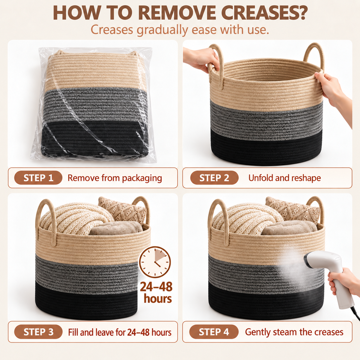 Altus 83L Extra Large Three-Tone Cotton Rope Storage Basket Laundry Hamper