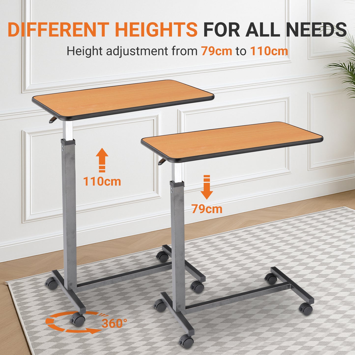 Height adjustable from 79cm to 110cm, this mobile bedside desk suits various needs—whether you're sitting, eating, working, or standing. The 360° swivel castors offer smooth movement in all directions, ideal for flexible home use.