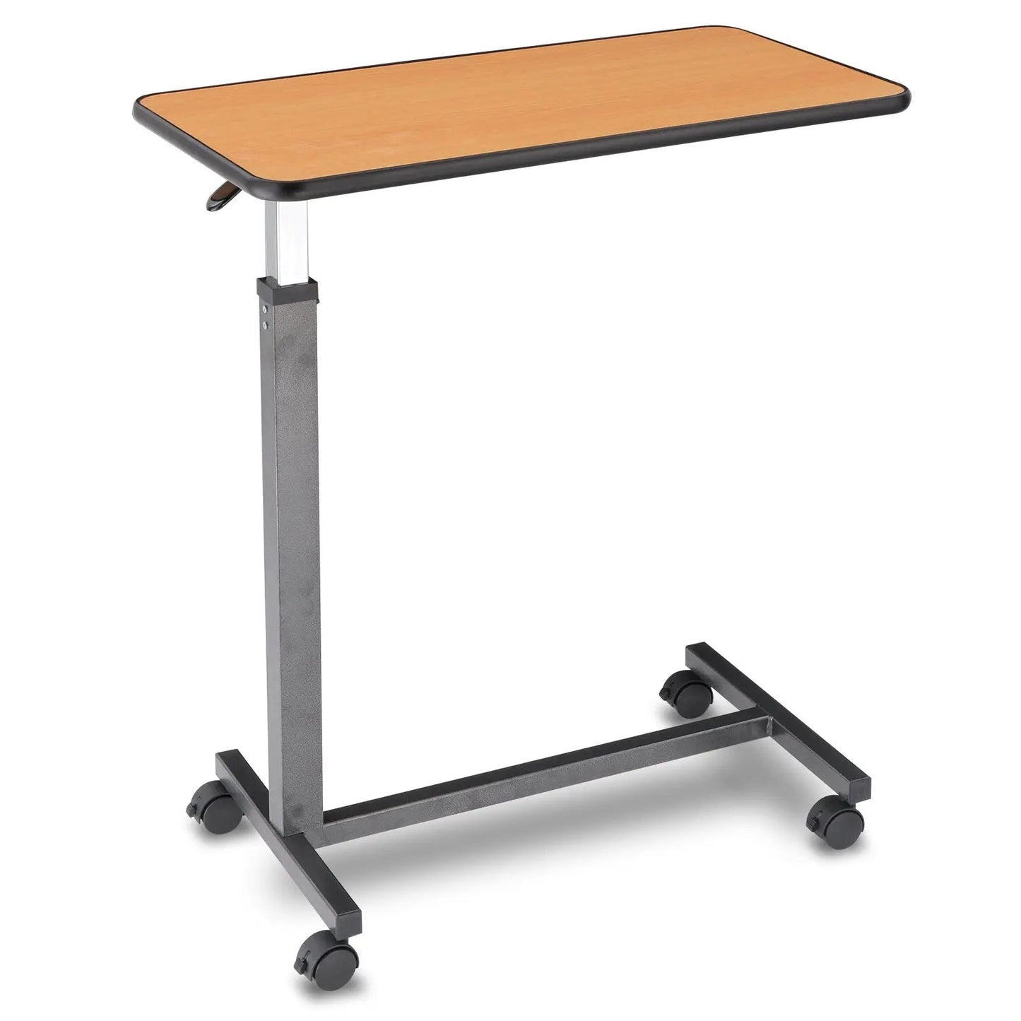 This adjustable overbed table features a minimalist nature finish with a durable metal frame, suiting any home dรฉcor. The smooth tabletop and four black castors ensure easy mobility across bedrooms, lounges, and care environments.