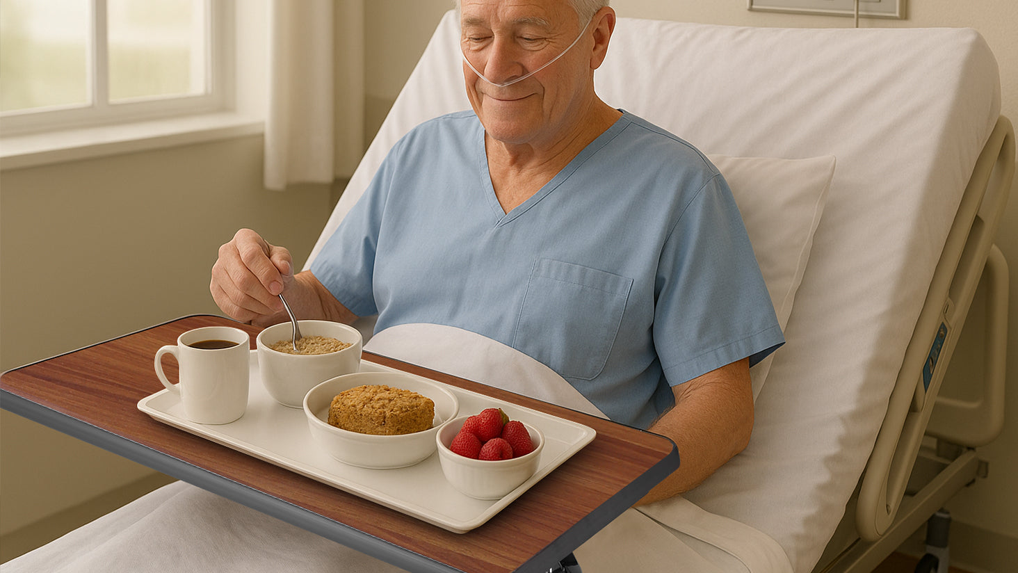 Ideal for daily living support, especially for those with limited mobility, the overbed table offers adjustable height to suit different sitting or lying positions. As seen with the elderly user enjoying breakfast in bed, the table moves effortlessly and provides a practical, reliable surface for meals, reading, or other activities.