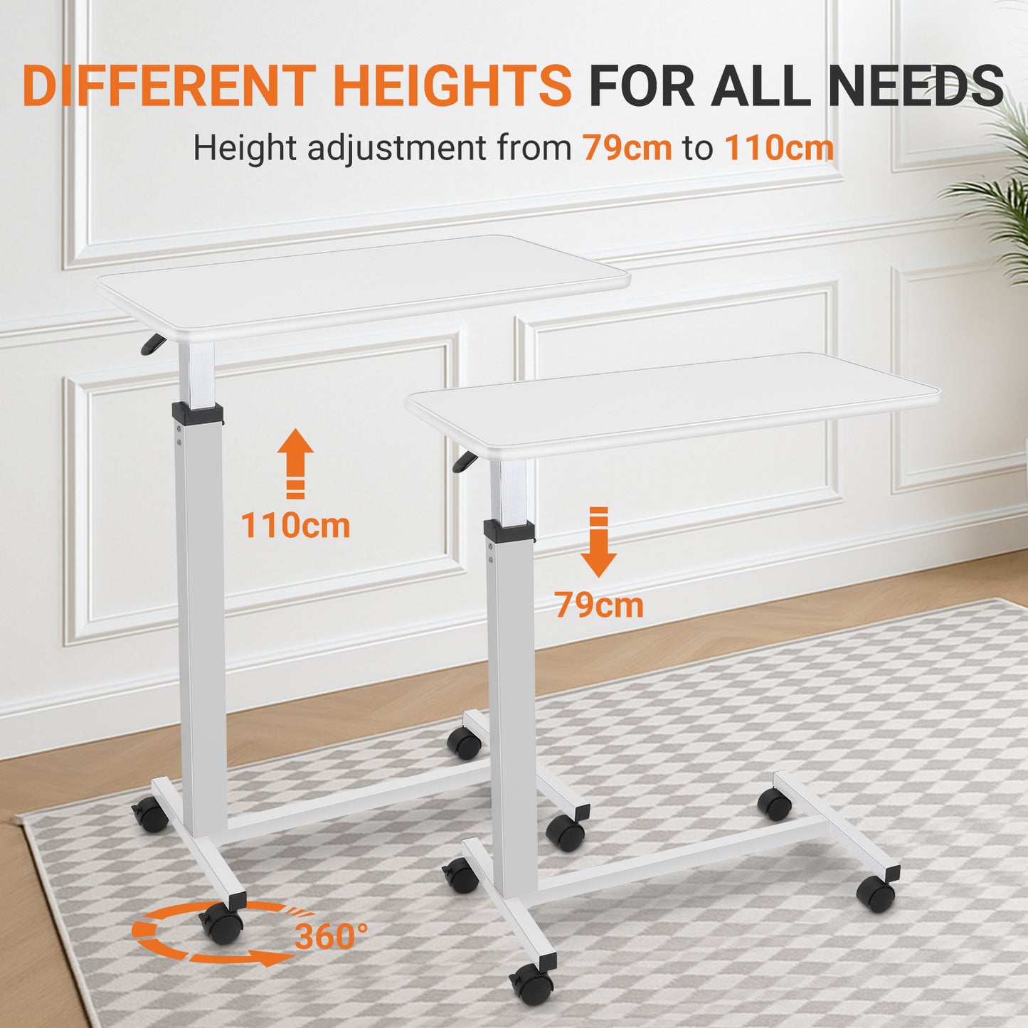 Height adjustable from 79cm to 110cm, this mobile bedside desk suits various needs—whether you're sitting, eating, working, or standing. The 360° swivel castors offer smooth movement in all directions, ideal for flexible home use.