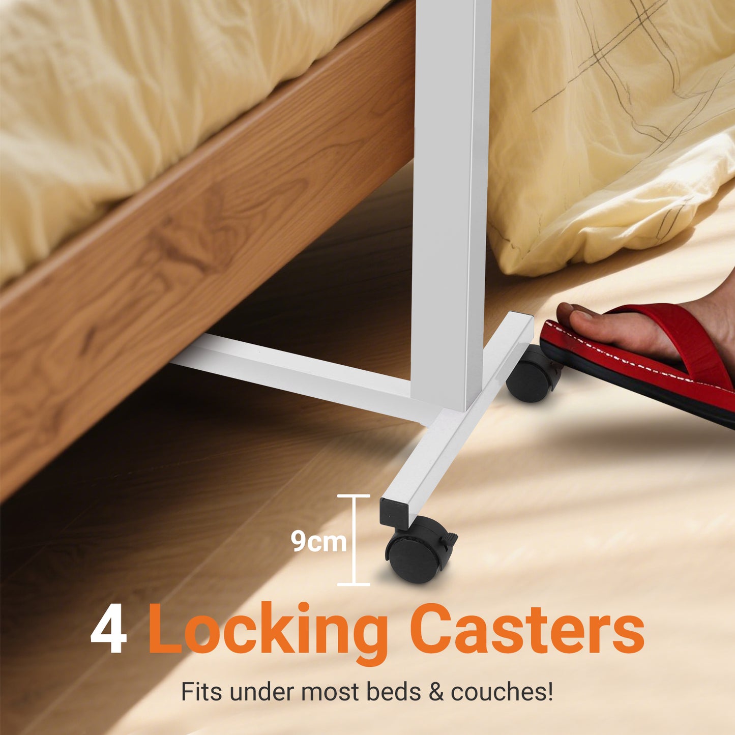 Fitted with four smooth-rolling castors, including four with locks, this overbed table stays secure during use. The 9cm castor height allows it to glide under most beds and sofas—safe, stable, and highly adaptable.