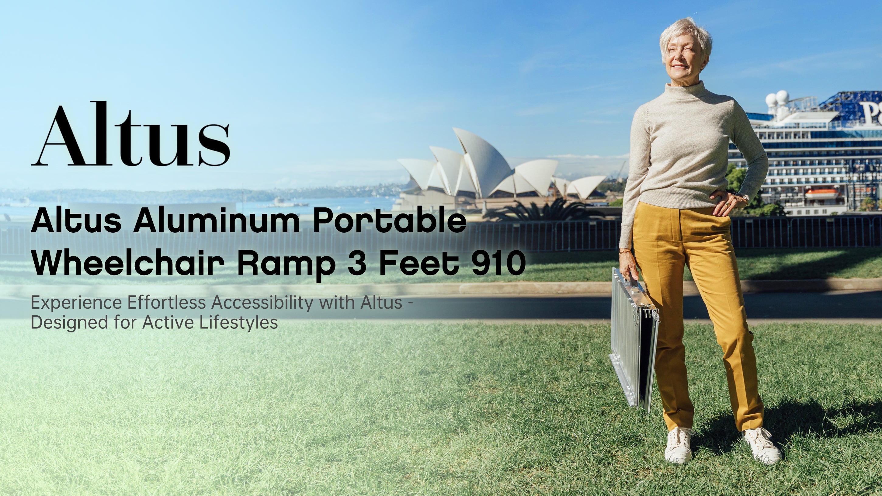 A senior woman confidently holding the Altus Aluminum Threshold Portable Wheelchair Ramp against a scenic backdrop. This lightweight, durable ramp is perfect for providing accessibility and ease of mobility over thresholds, steps, and curbs.