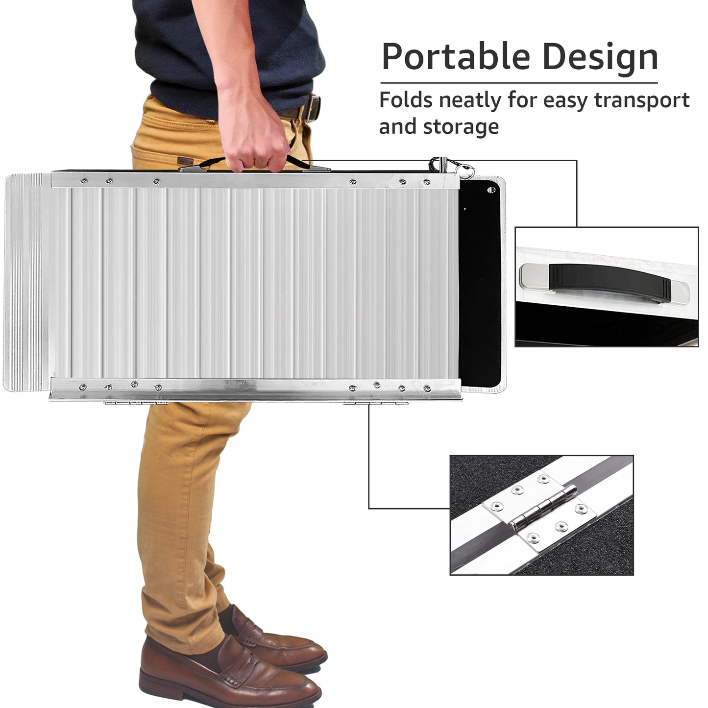 Man carrying folded Altus Portable Wheelchair Ramp, highlighting the ease of transport with a portable design.