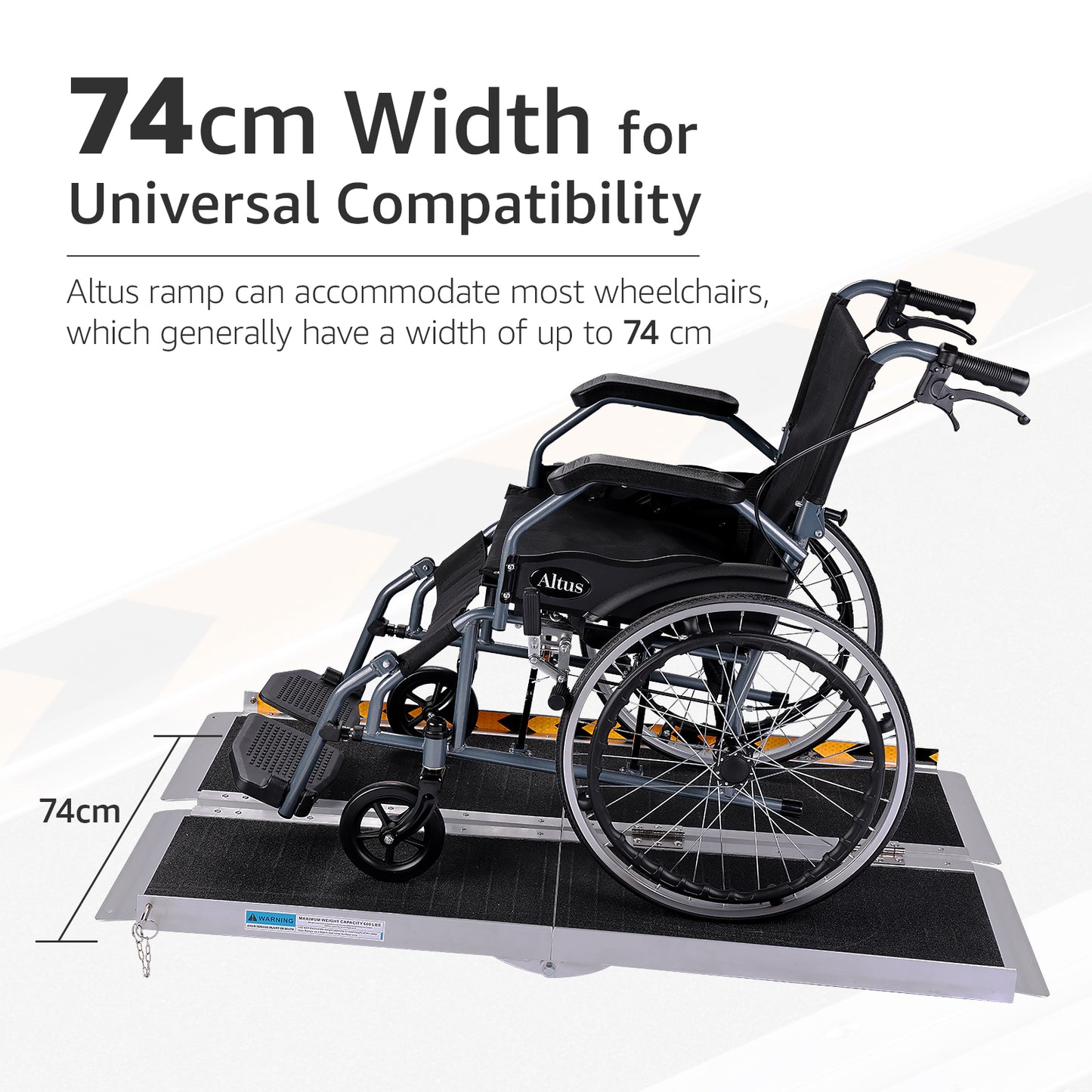 Wheelchair securely positioned on Altus Aluminum Ramp with 74 cm width for universal wheelchair compatibility.