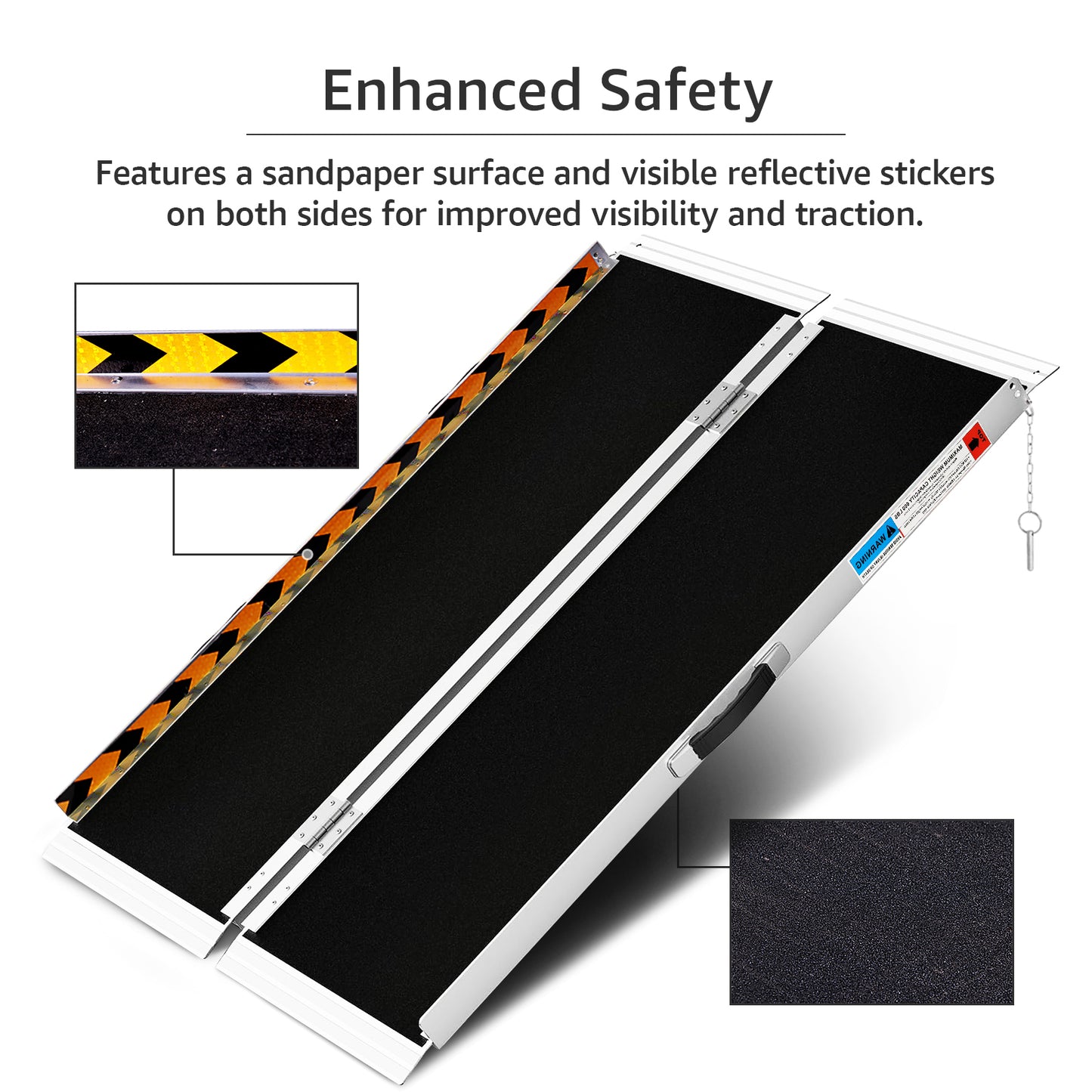 Close-up view of the Altus Wheelchair Ramp’s safety features, including sandpaper surface and reflective side stickers.