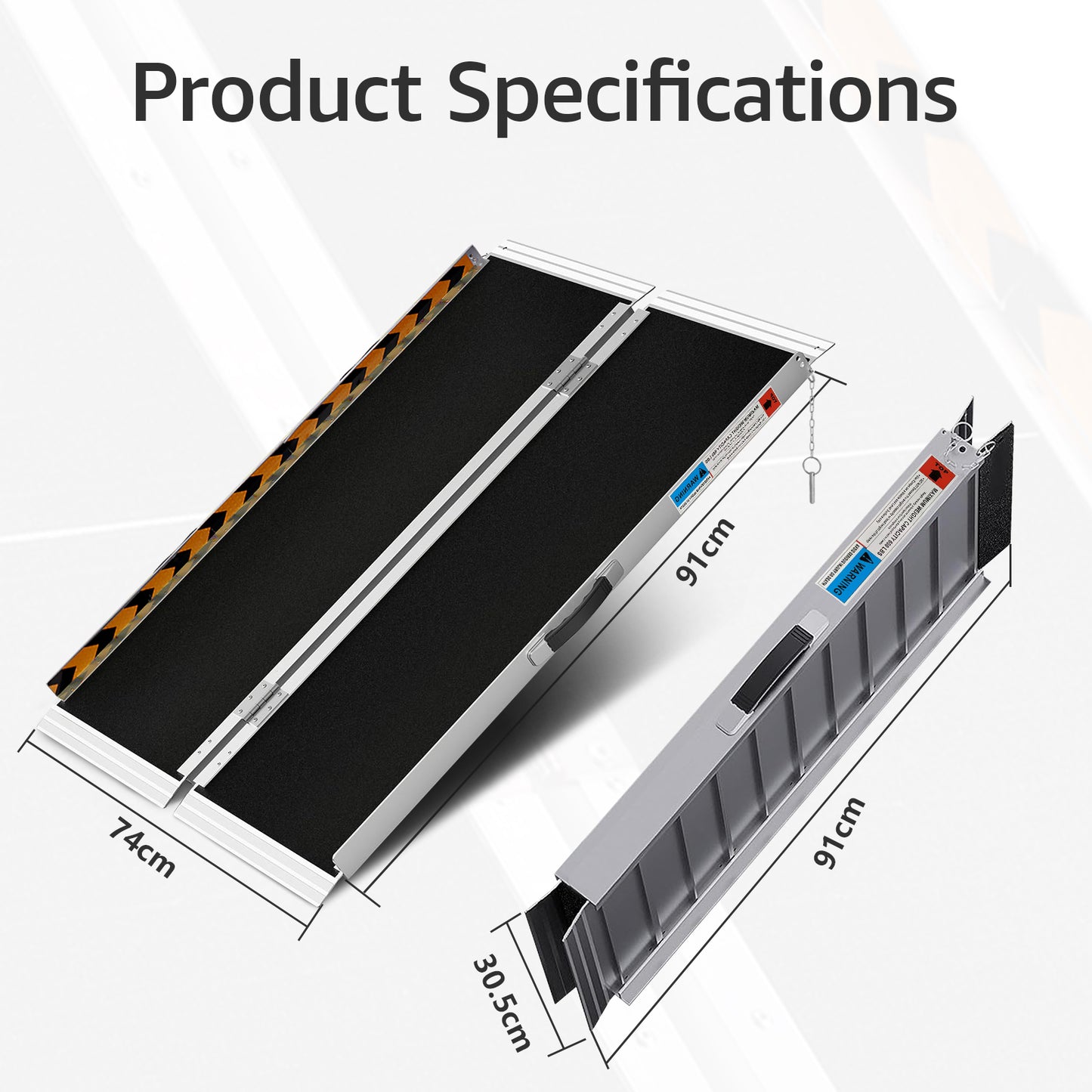 The Altus 910 ramp features an expanded size of 74 x 91 cm, providing ample space for accessibility. When folded, it measures a compact 30.5 x 91 cm, making it easy to transport and store. This combination of dimensions ensures both functionality and convenience for users.