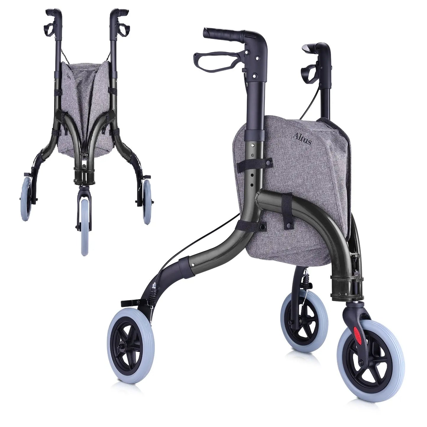 The Altus Folding 3 Wheel Walker Tri-Rollator with Bag in Euro Tri Rollator Black.