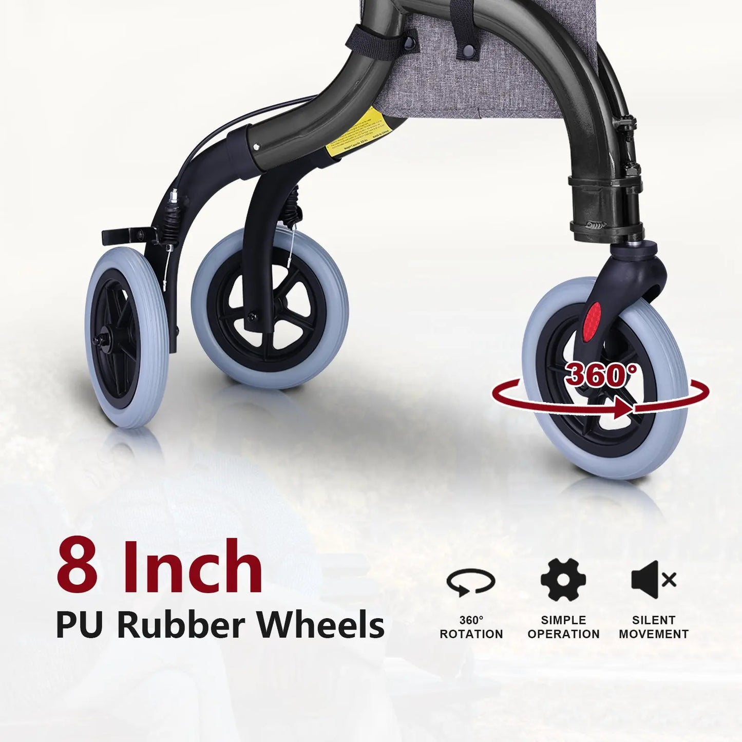 Close-up of the 8-inch wheels and hand brakes of the Altus Folding 3 Wheel Walker Tri-Rollator. This design provides superior control and maneuverability, enhancing user safety and comfort.