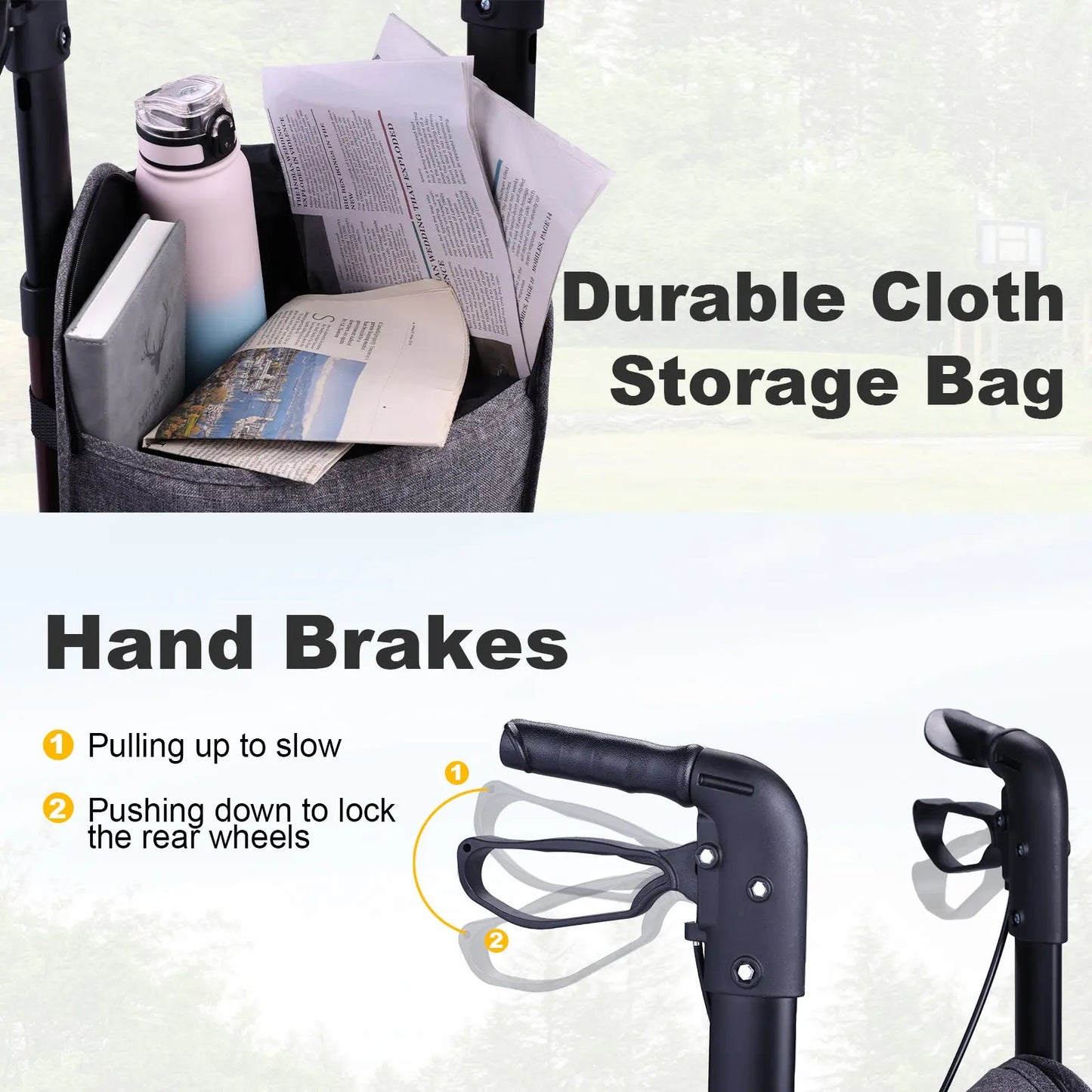 Close-up of the durable cloth storage bag on the Altus Folding 3 Wheel Walker Tri-Rollator. This spacious bag is perfect for carrying personal items, making it convenient for everyday use.