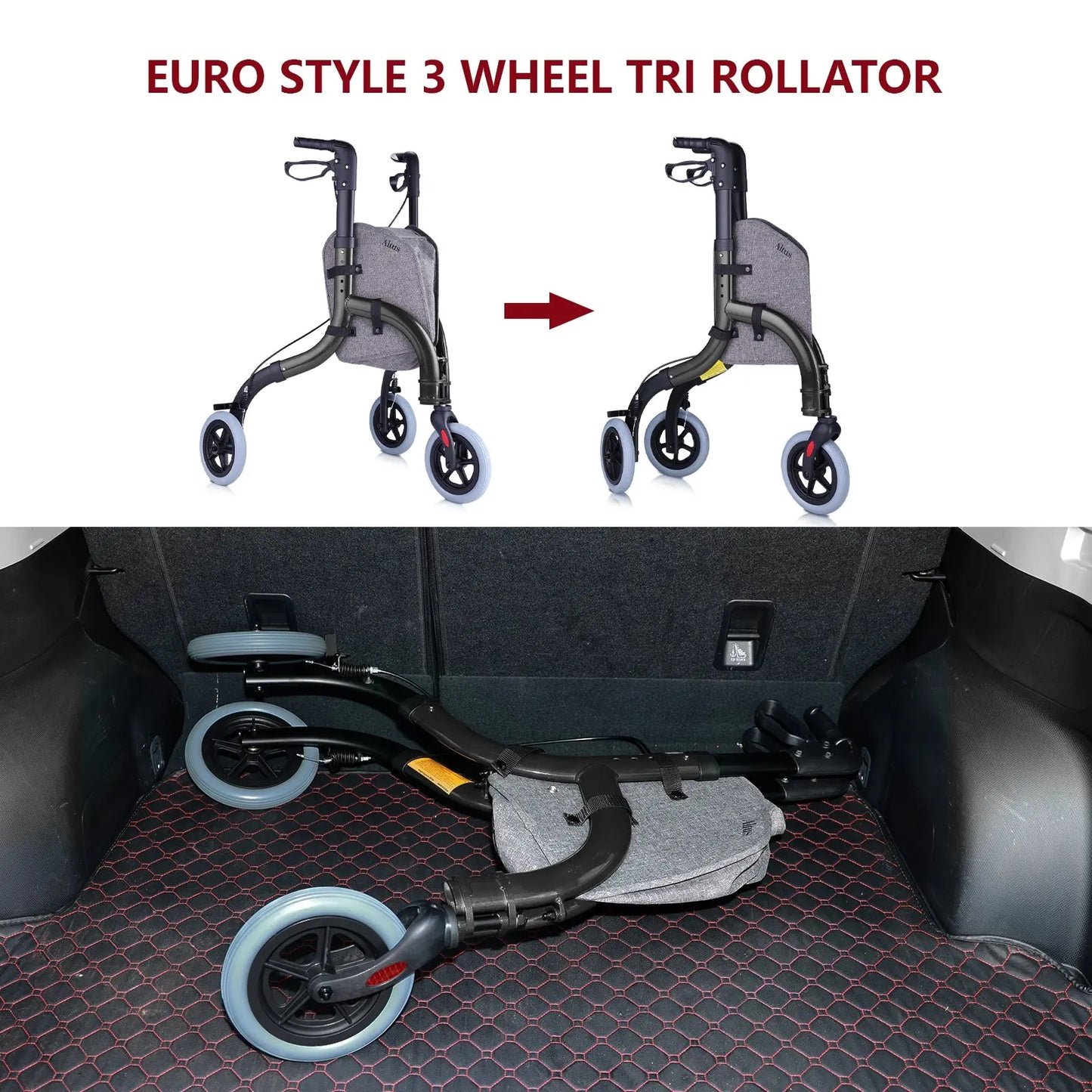 The Altus Folding 3 Wheel Walker Tri-Rollator folded compactly. Its lightweight alloy frame and foldable design make it easy to store and transport, perfect for traveling and everyday use.