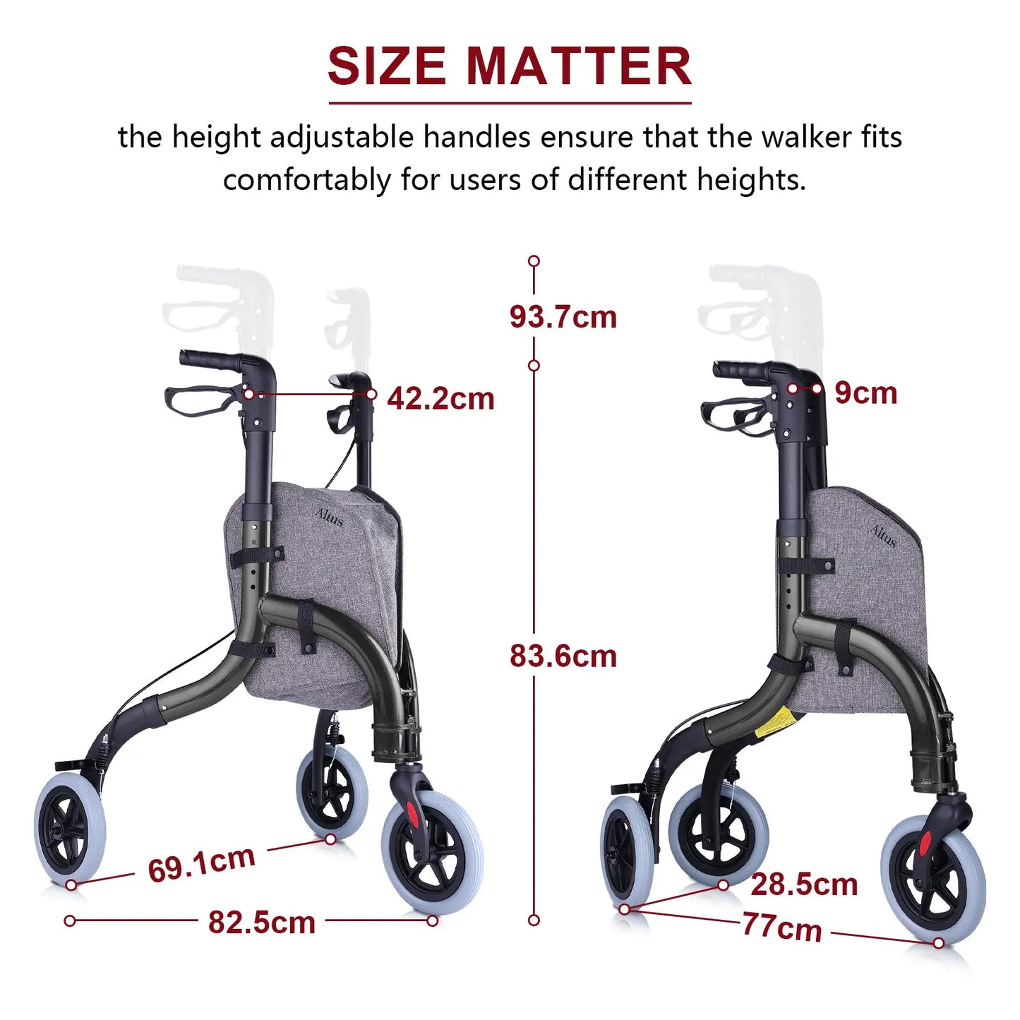 Size chart for the Altus Folding 3 Wheel Walker Tri-Rollator. The height-adjustable handles ensure the walker fits comfortably for users of different heights, offering maximum stability and support."