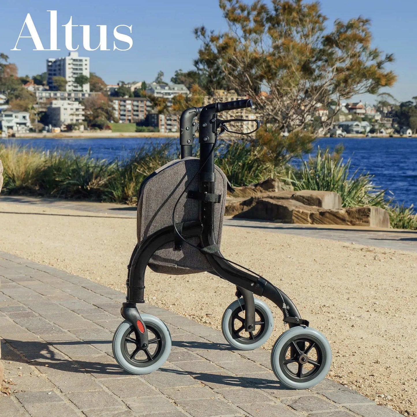 The Altus Folding 3 Wheel Walker Tri-Rollator with its sleek, lightweight design, perfect for navigating various terrains. The durable frame and ergonomic handles provide excellent support for active seniors.