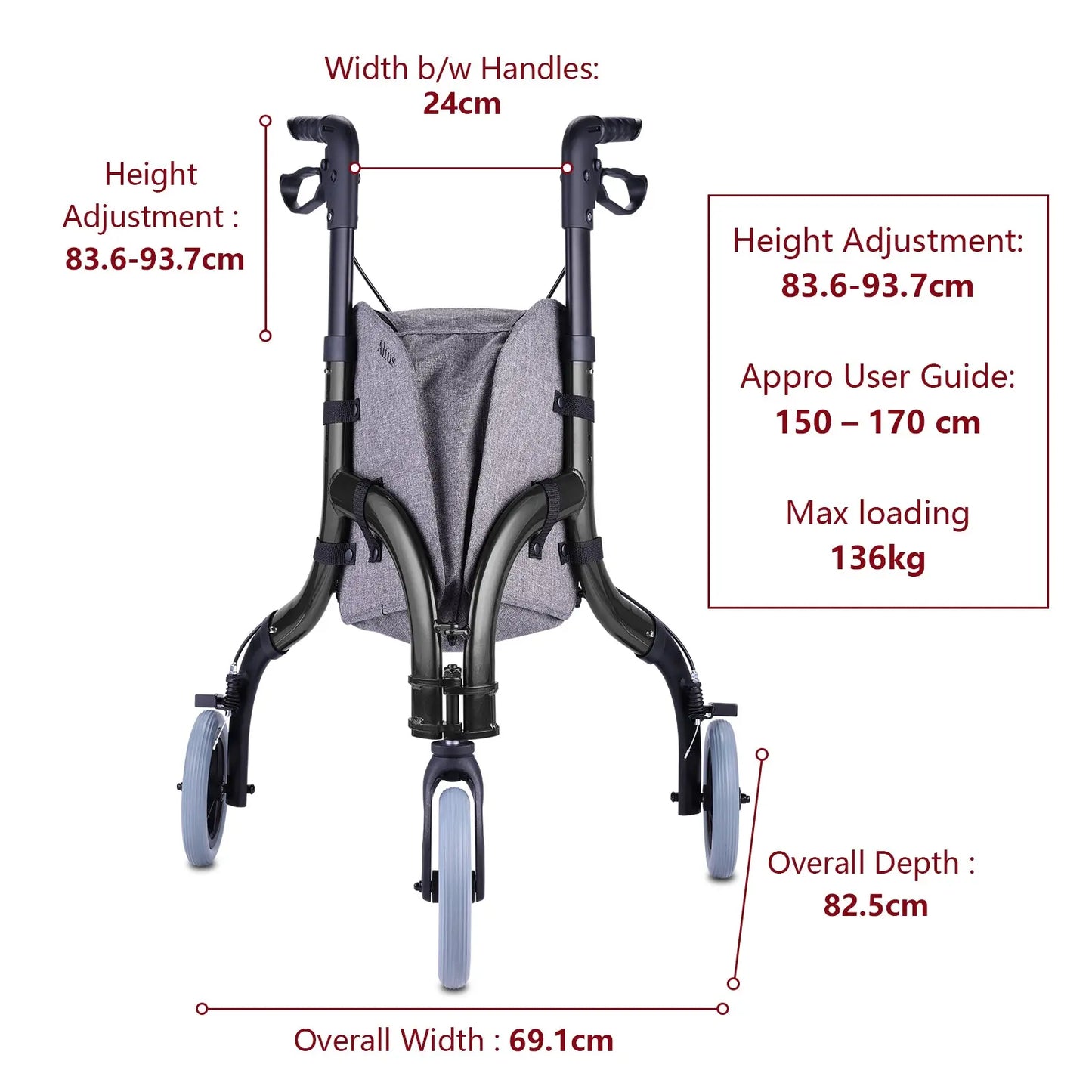 Detailed specifications of the Altus Folding 3 Wheel Walker Tri-Rollator, including height adjustment range, handle width, and maximum loading capacity. This walker is designed to accommodate users of different sizes while ensuring comfort and stability.