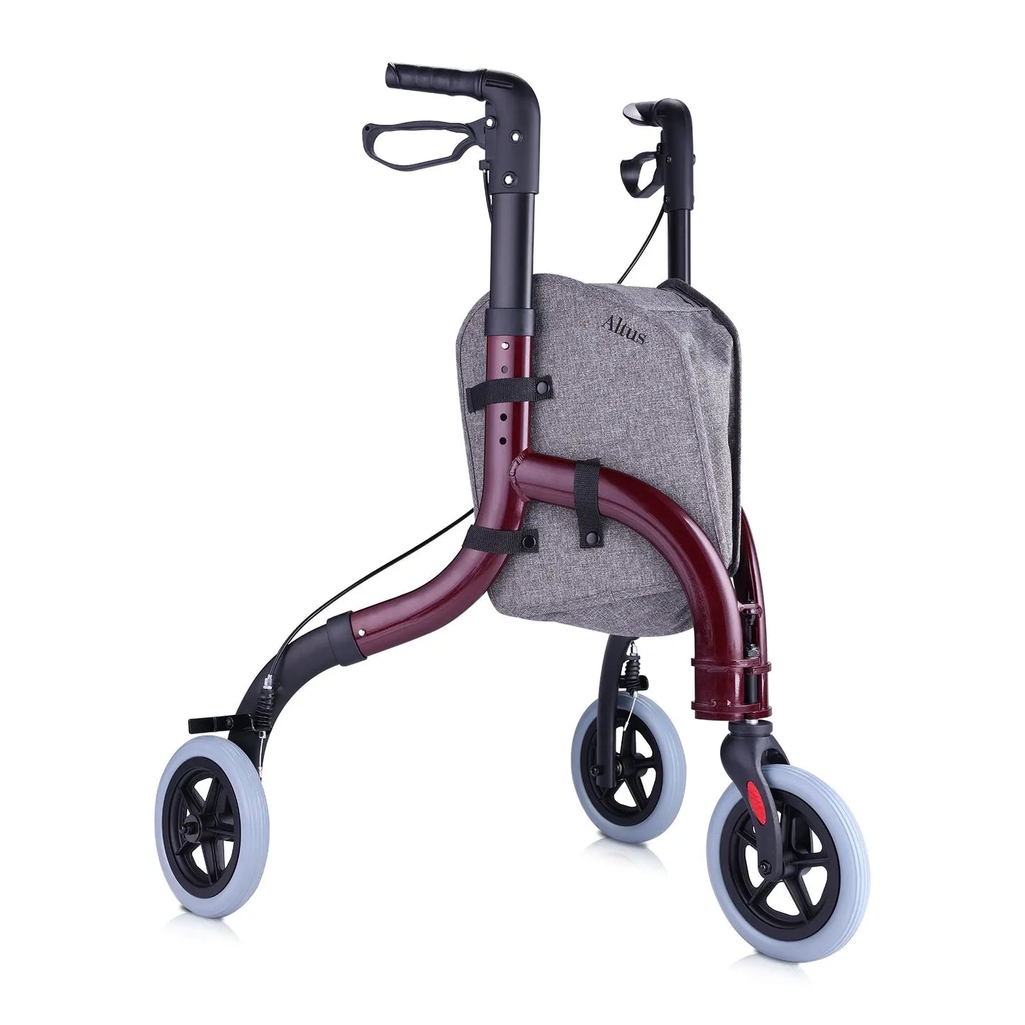 A detailed view of the Altus Euro Style Rollator, featuring a large storage bag and a sleek design.