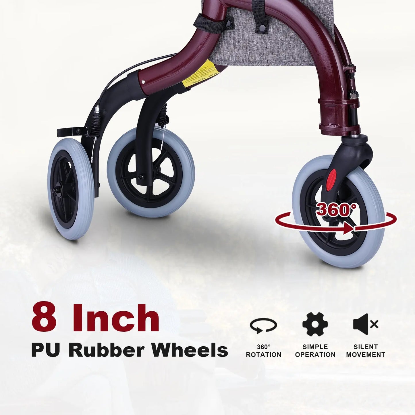 A close-up of the Altus Rollator's 8-inch PU puncture wheels, highlighting their durability and smooth operation on various surfaces. This image emphasizes the reliability and low maintenance of the rollator’s wheels, making it suitable for both indoor and outdoor use.