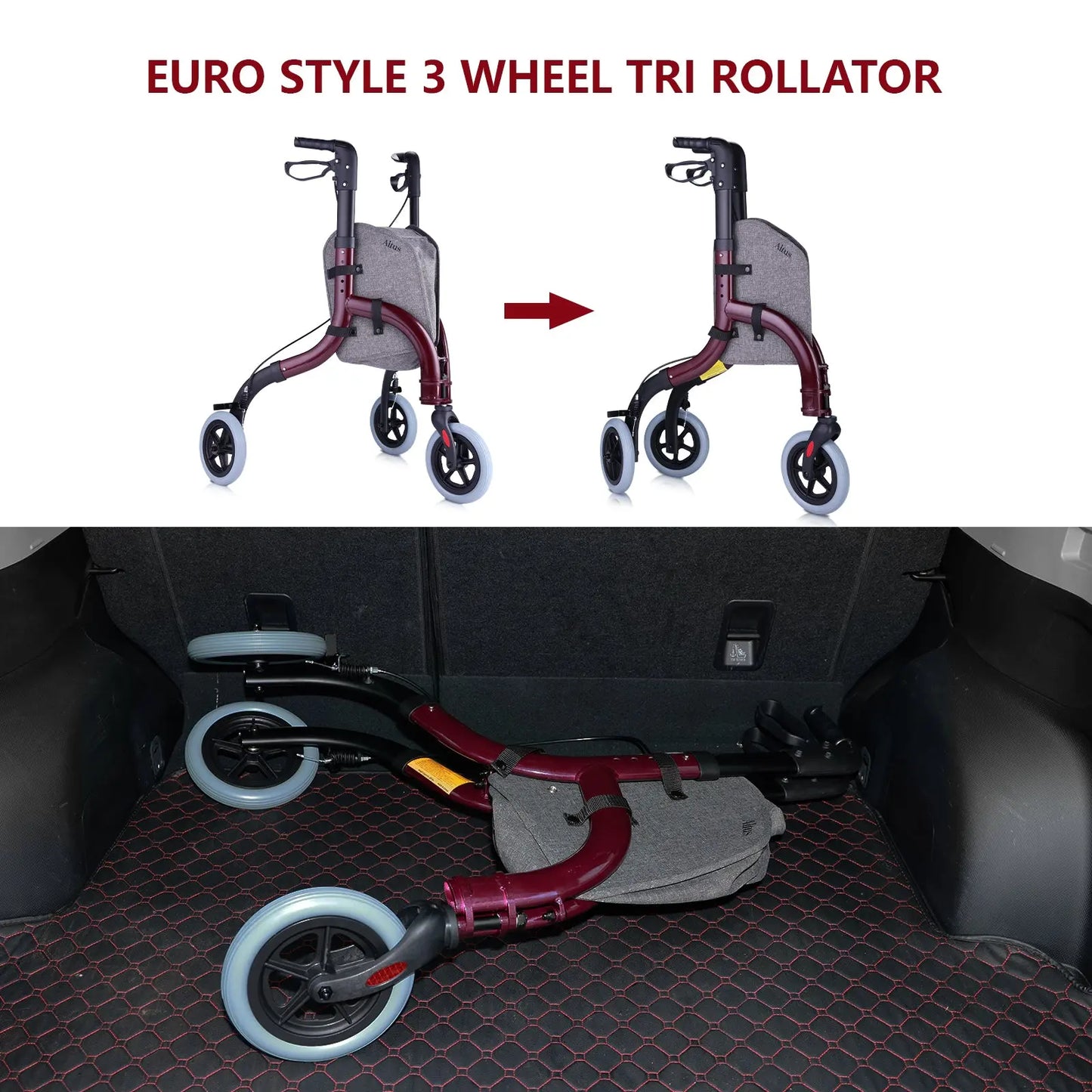 The Altus Rollator is shown in its folded state, demonstrating its compact and portable design. This feature allows for easy storage and transport, making it convenient for travel. The image highlights the rollator’s ability to fold quickly and efficiently.