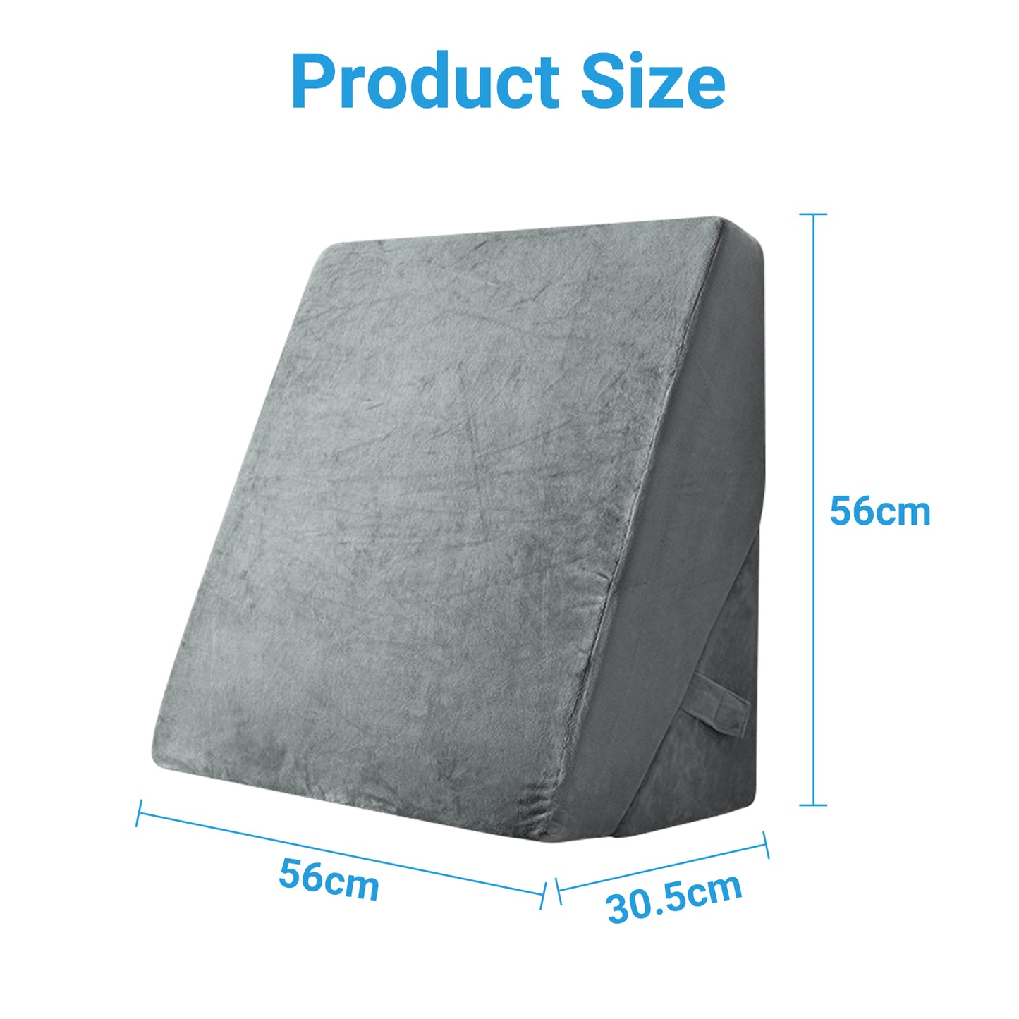 Gray wedge cushion with measurements on a white background