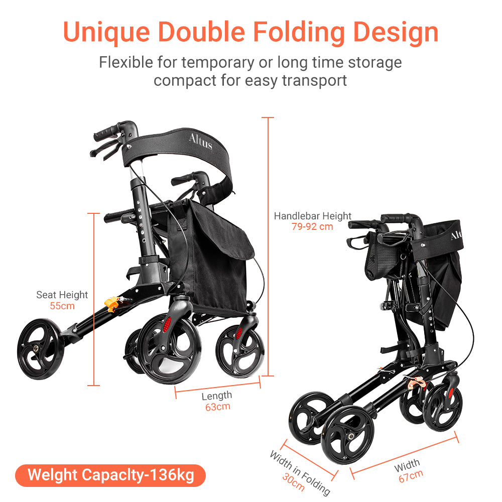 Altus Euro Walker Mobility Rollator Seat Rollator with Bag Aluminium Frame - Black