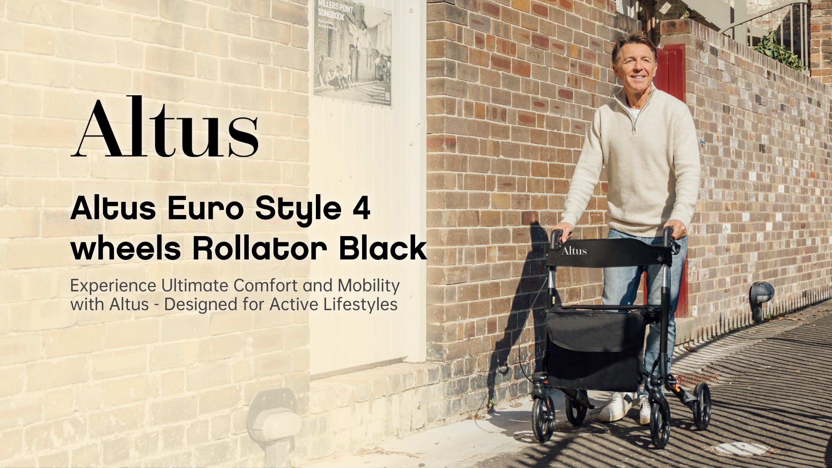 Stay active and independent with the Altus 8-inch Euro Rollator. This rollator is perfect for daily use, offering stability and ease of movement, as shown by this user navigating an urban environment.