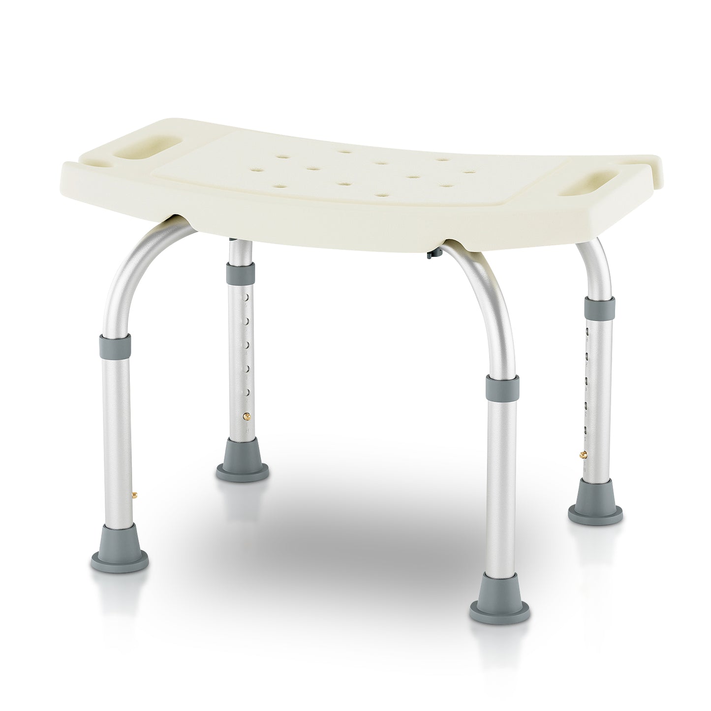 Adjustable shower bench with white seat and silver frame on a white background