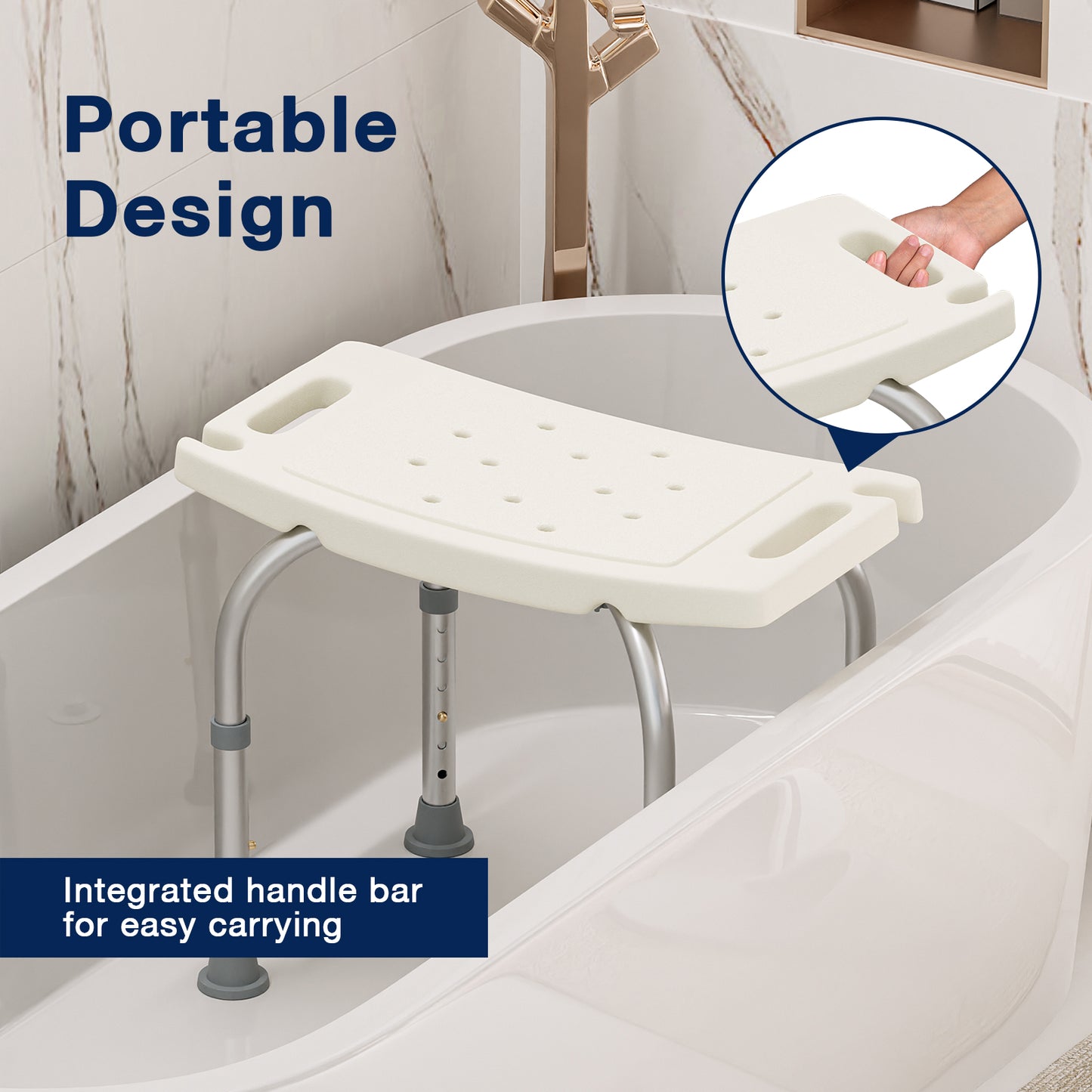 Portable design with built-in handle. This height-adjustable shower chair is perfect for home care, aged care, or travel use.