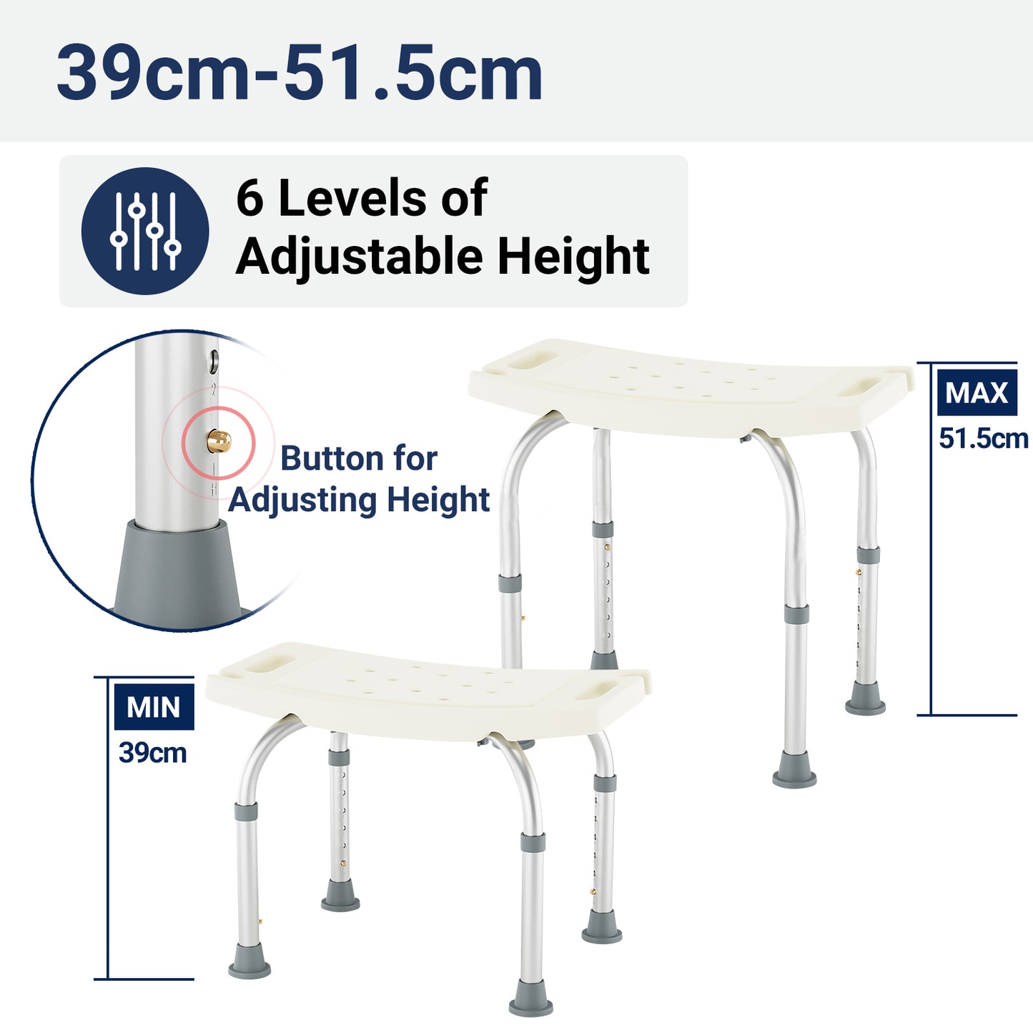 This shower chair features 6 height levels adjustable from 39cm to 51.5cm, with a rust-free aluminium frame and anti-slip HDPE seat.