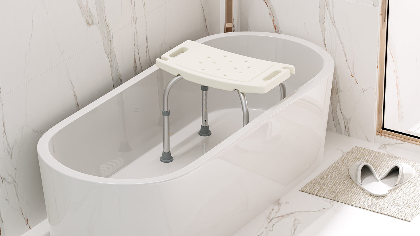 Designed for enhanced shower safety and convenience, the Altus Shower Chair features a sleek white seat with a modern aluminium frame. The seat includes drainage holes to prevent water buildup, keeping it dry and comfortable. Built-in side handles offer extra grip and support. Height-adjustable legs suit various tubs, and non-slip rubber tips keep the chair steady and secure during use. A simple, stylish solution for safer bathing.
