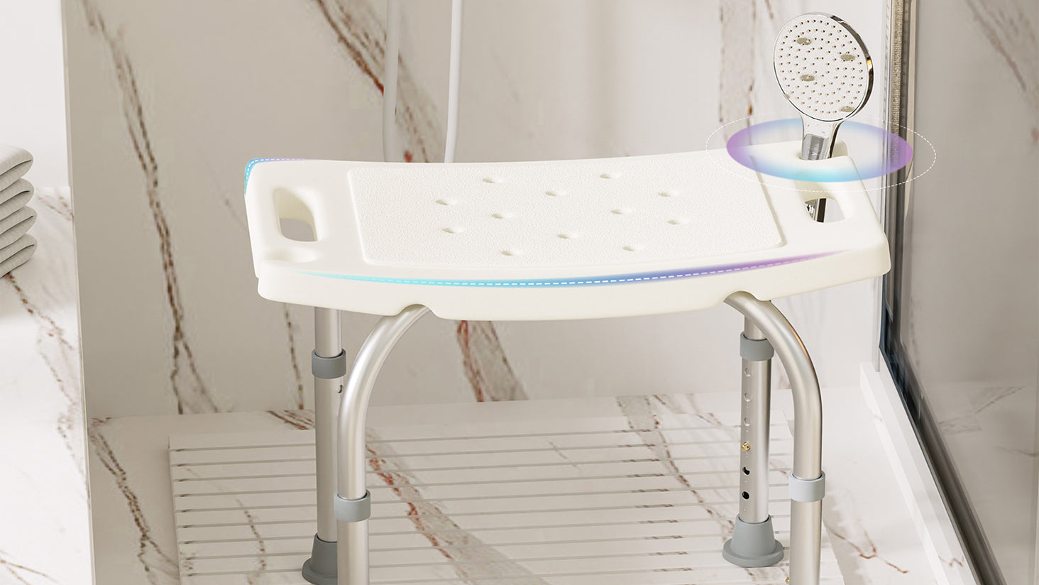 The textured non-slip seat and rubber foot caps enhance safety, while adjustable legs and rust-proof frame make it bathroom-ready.