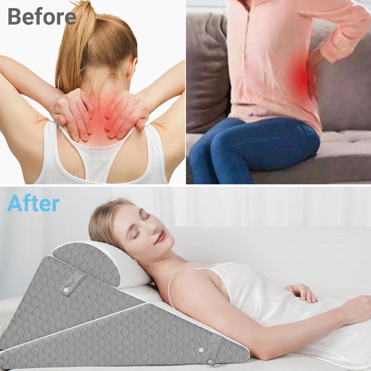 Before and after comparison of a woman using a wedge pillow for back and neck pain relief.
