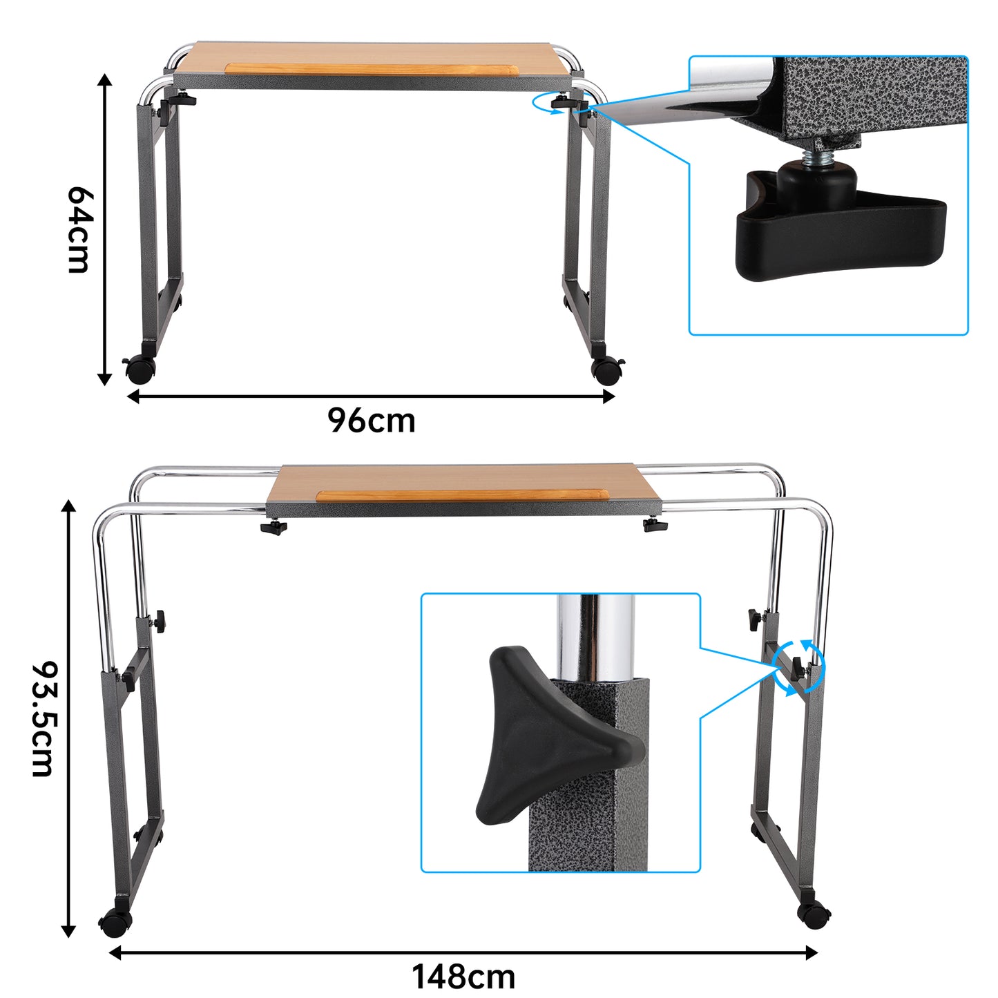 The Adjustable Overbed Table allows flexible adjustment—height ranges from 64cm to 93.5cm, and length from 96cm to 148cm. With simple operation, it suits users of various heights and fits different beds with ease.