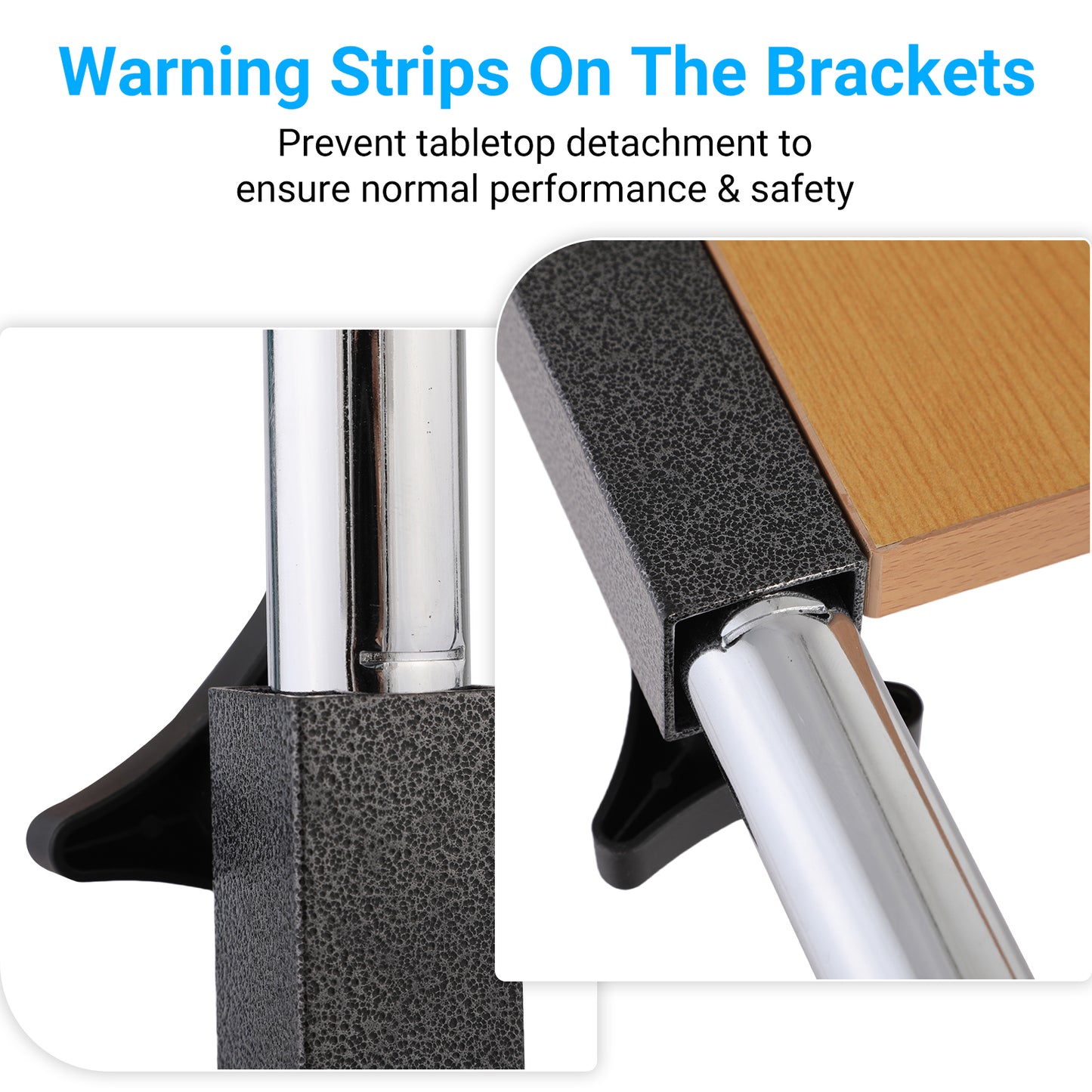 A safety strip is added to the frame of the Adjustable Overbed Table to prevent the top from slipping off, enhancing safety during everyday use. This thoughtful feature adds extra reassurance for home care.