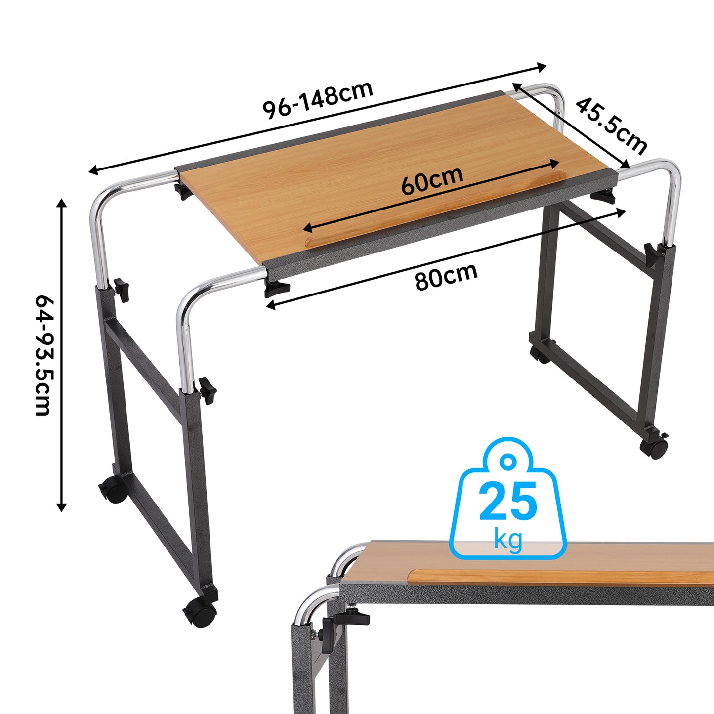 Dimensions are clearly marked: 60cm long, 45.5cm wide, with a 25kg weight capacity. This Adjustable Overbed Table balances size and strength, making it practical for daily household use.