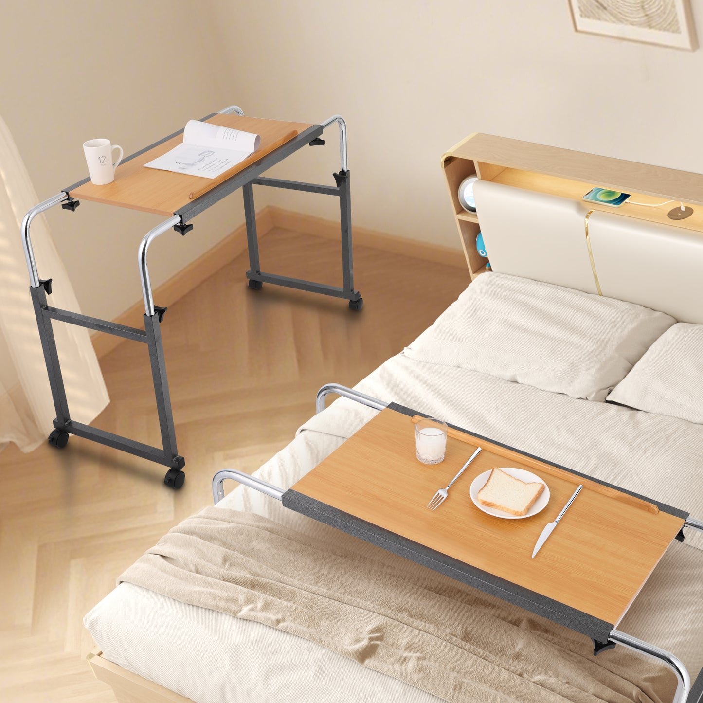 In a bedroom setting, the Adjustable Overbed Table holds breakfast or books conveniently by the bed. With its flexible range, it fits neatly over most beds, perfect for relaxed dining or reading in bed.