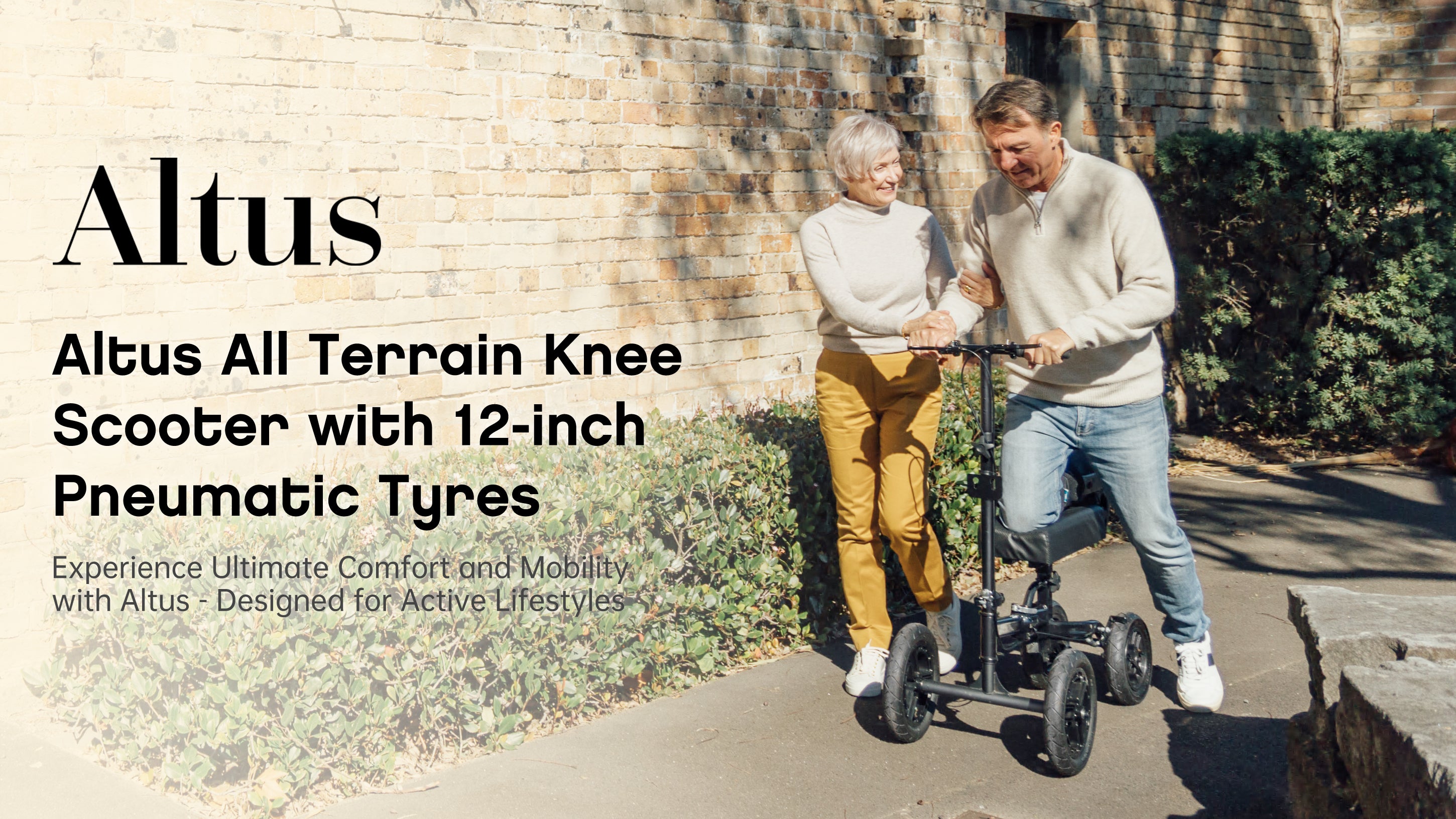 Older couple enjoying a walk with the Altus Knee Scooter, showcasing ease of use and mobility.