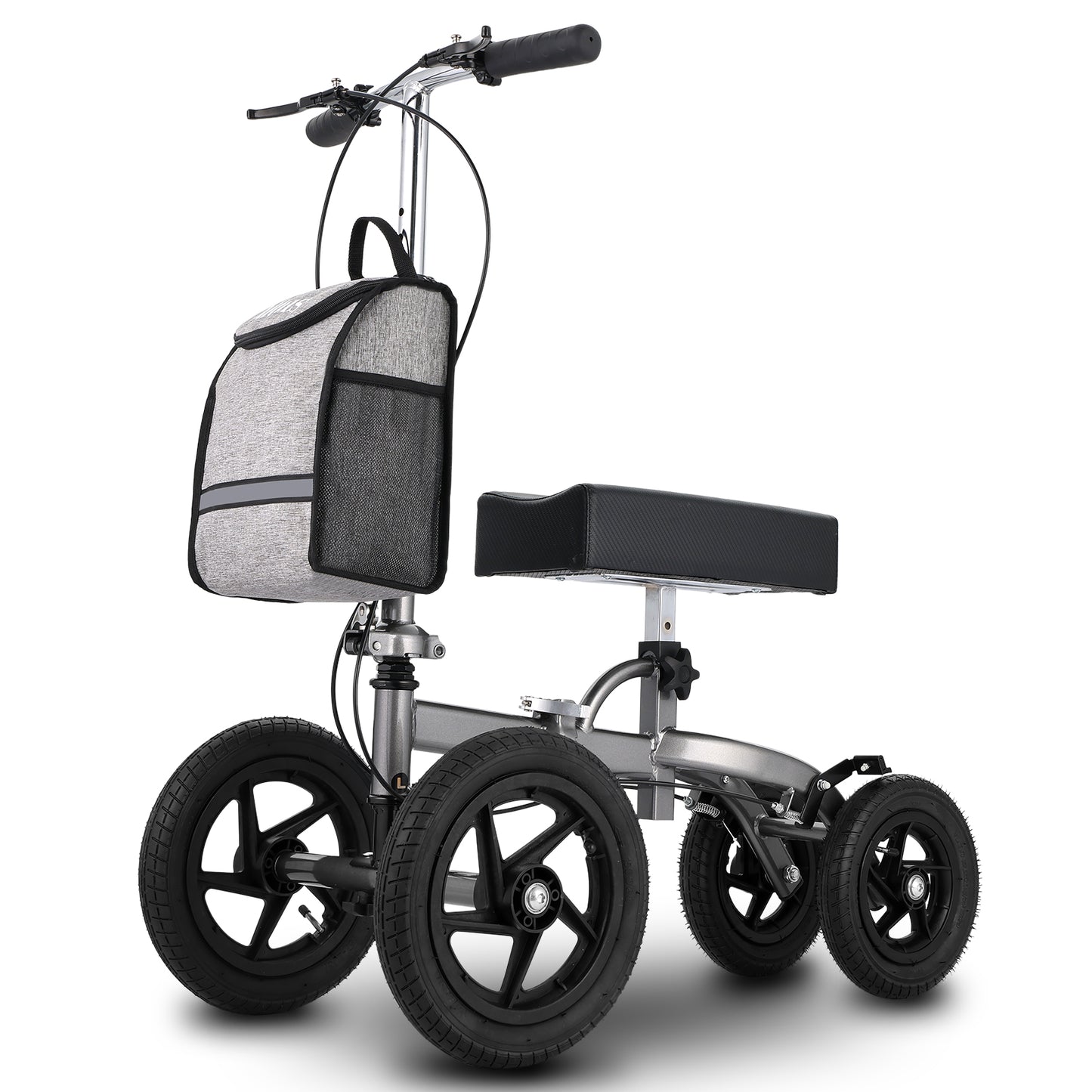 Altus 12-inch wheel knee walker in silver with storage bag and ergonomic pad, ideal for foot, ankle, or lower leg injuries