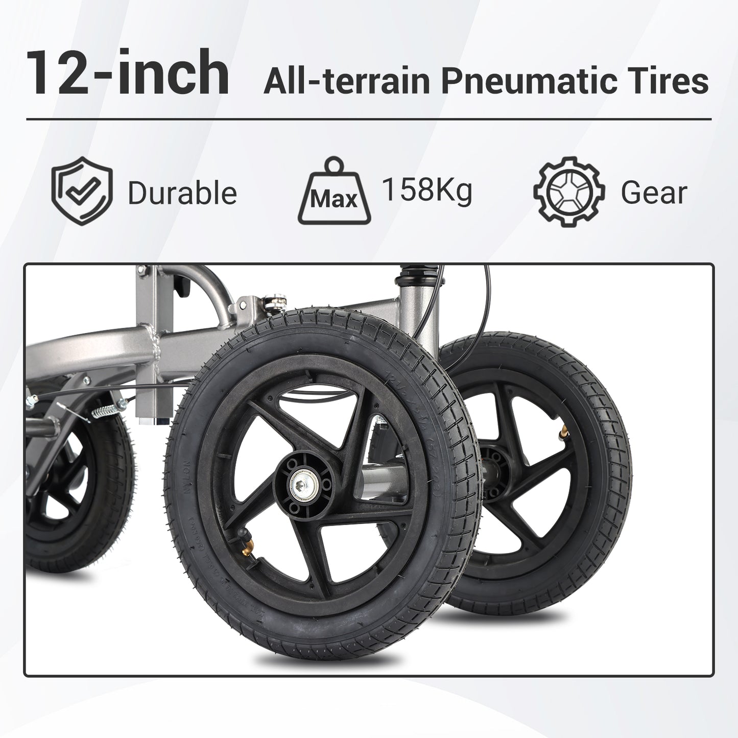 Durable 12-inch all-terrain pneumatic tires on Altus knee walker, built for outdoor surfaces and smooth rides
