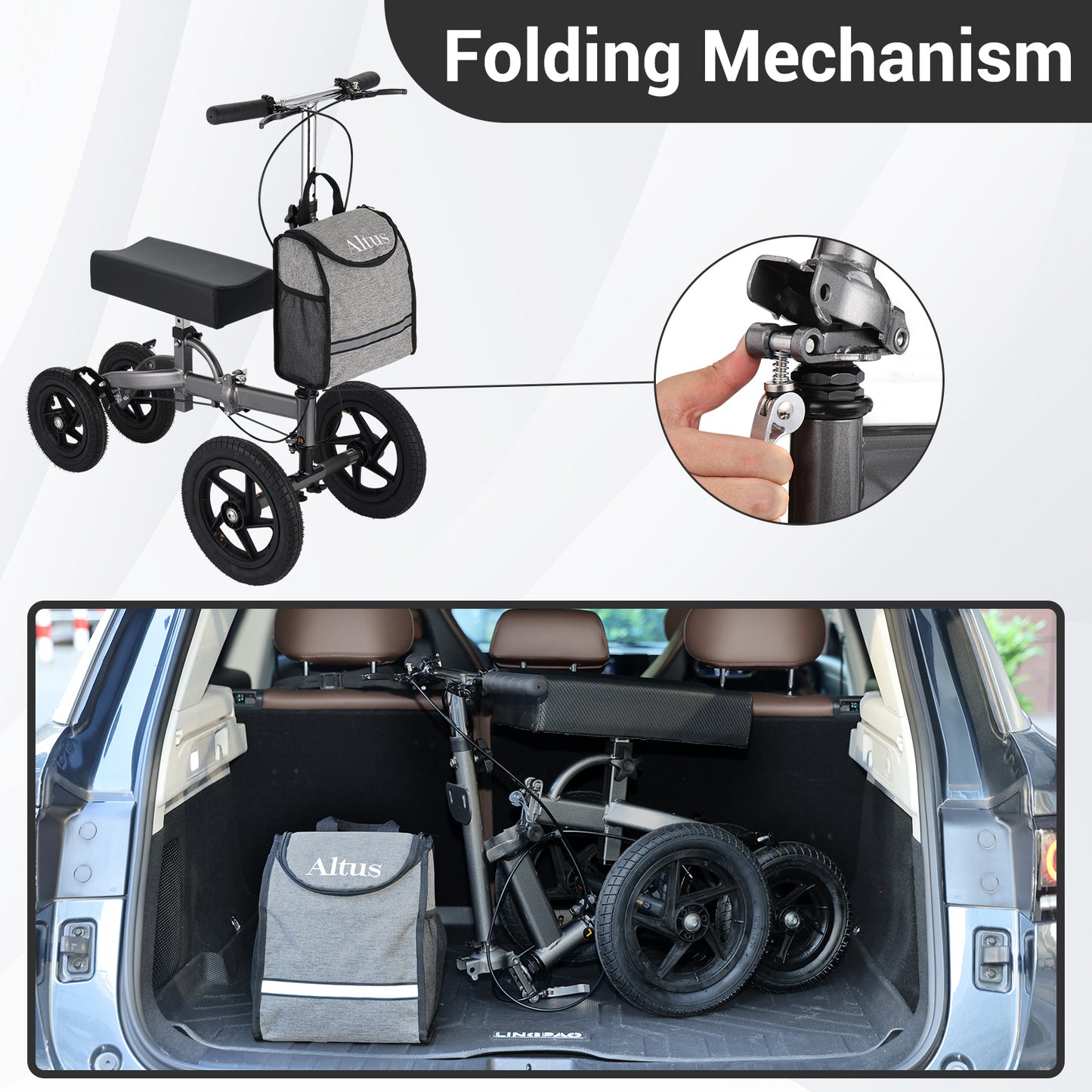 Foldable Altus knee scooter with compact design, shown stored in a car boot for easy transport and travel convenience
