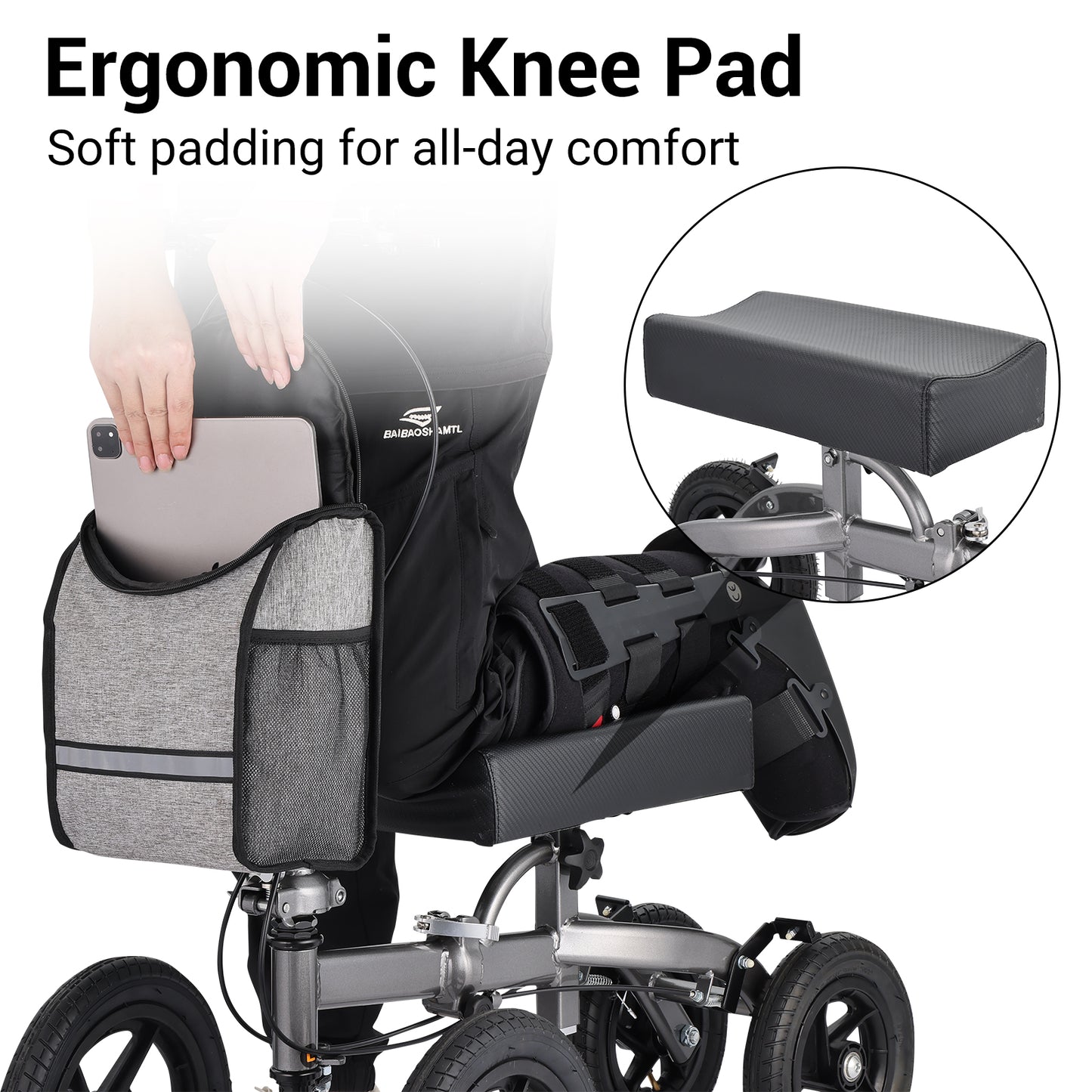 Soft ergonomic knee pad on Altus Knee Scooter for all-day comfort, designed for leg injuries and post-surgery mobility support
