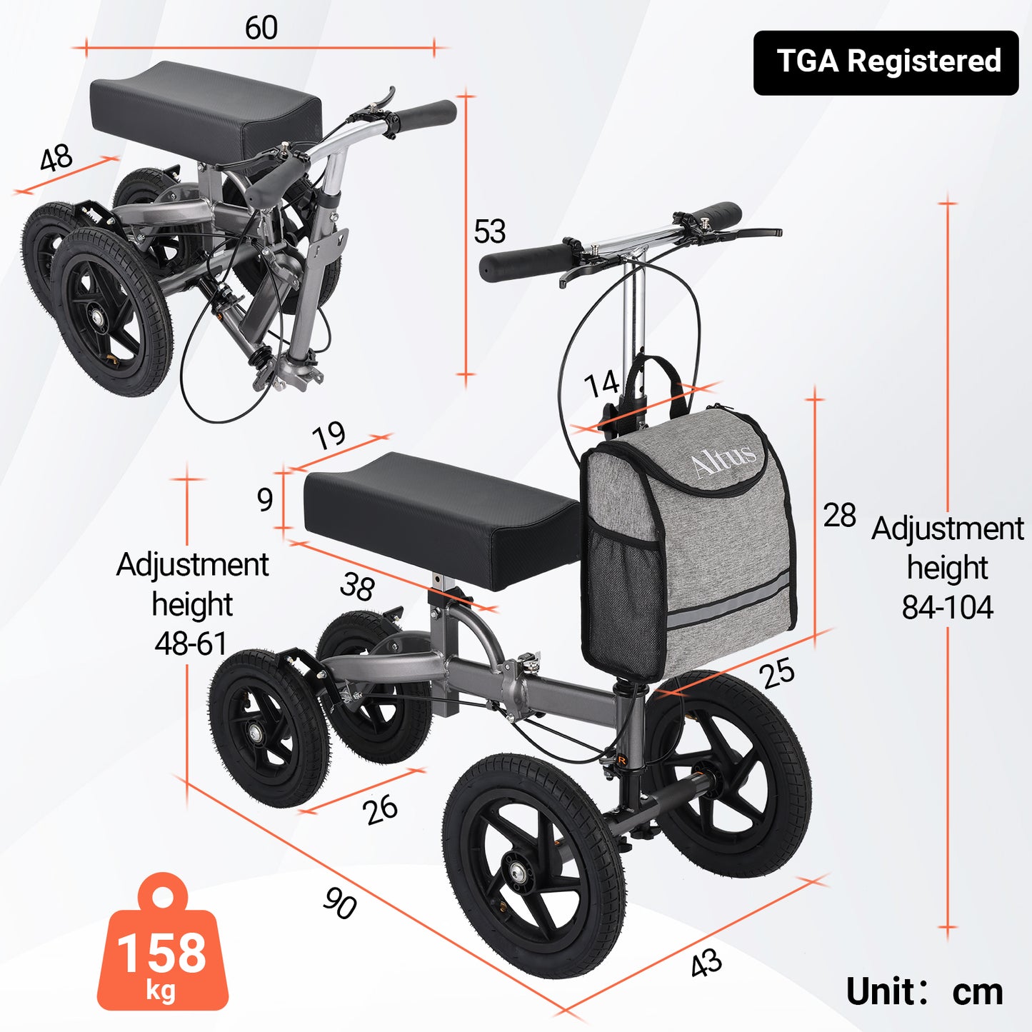 Altus Knee Walker with 12-inch pneumatic wheels, detailed size guide with adjustable handlebar and knee pad height, 158kg weight capacity