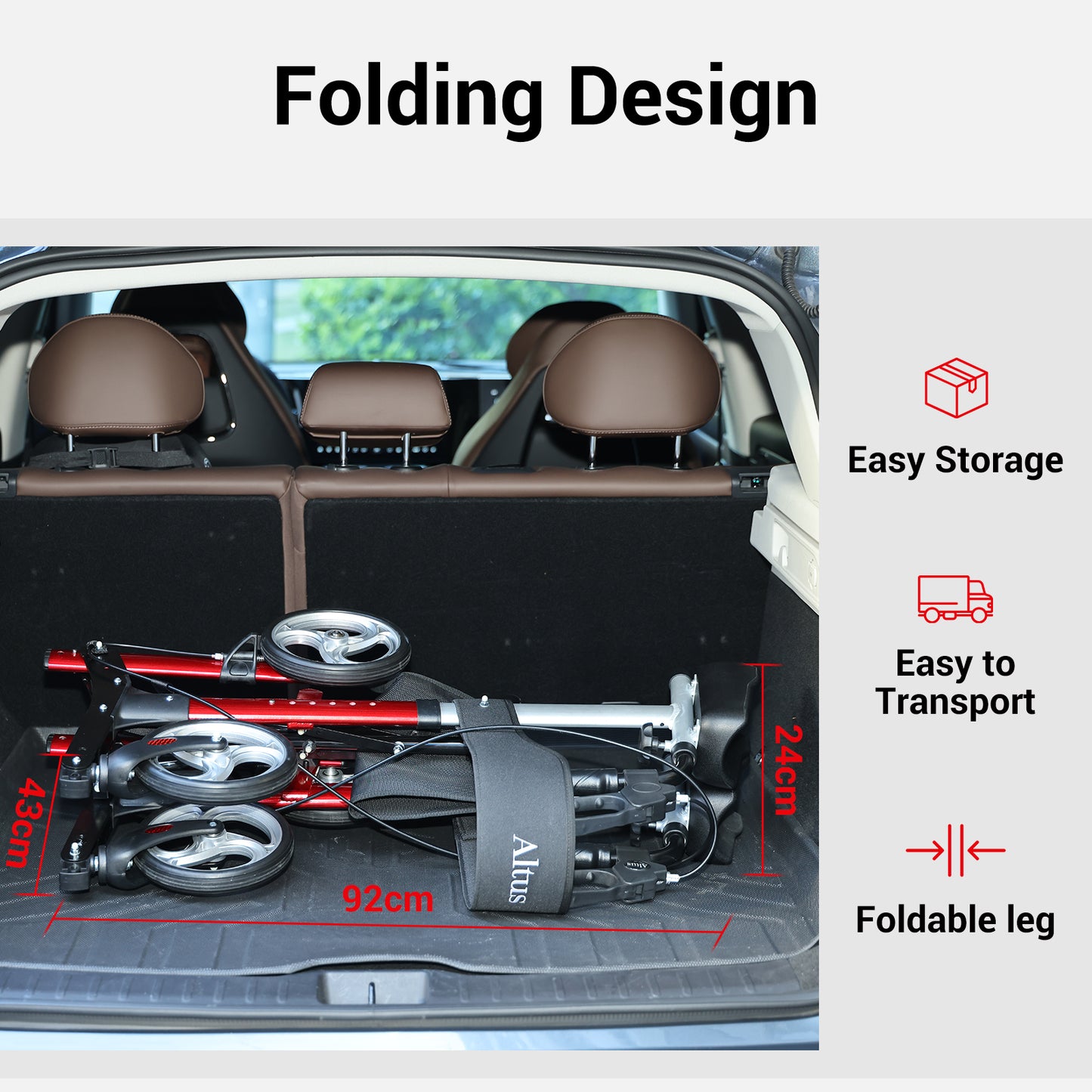 Car trunk with folded golf stand and accessories, highlighting folding design features.
