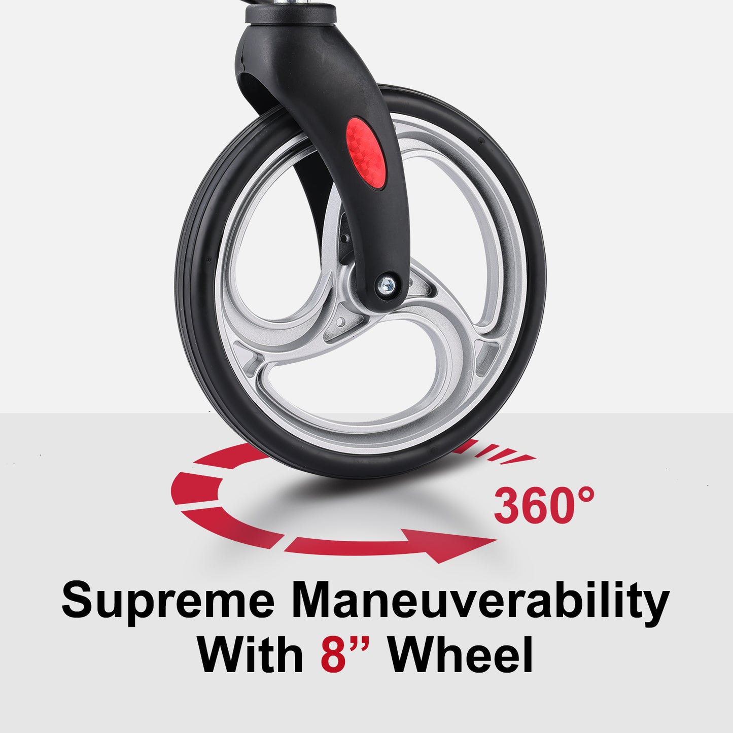 8-inch wheel with 360-degree maneuverability on a gray background