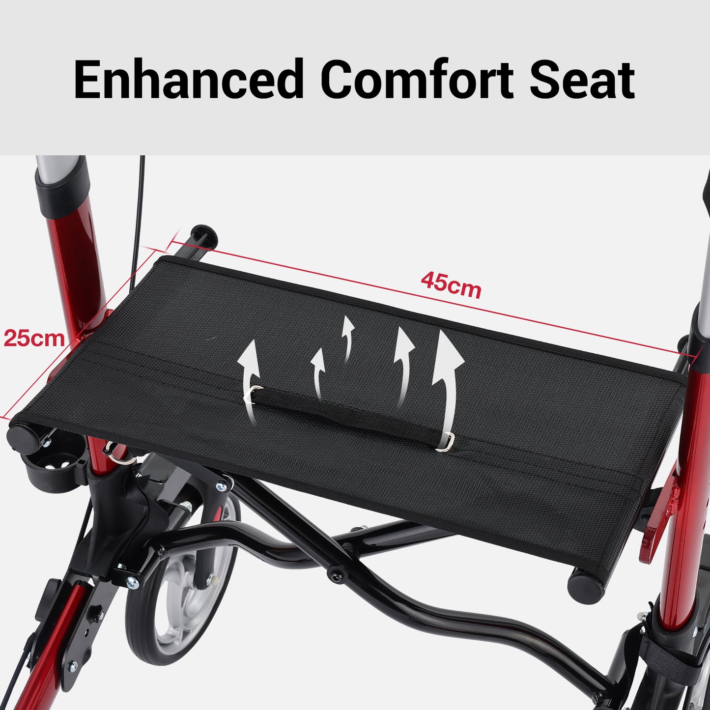 Wheelchair with an enhanced comfort seat and measurements on a white background