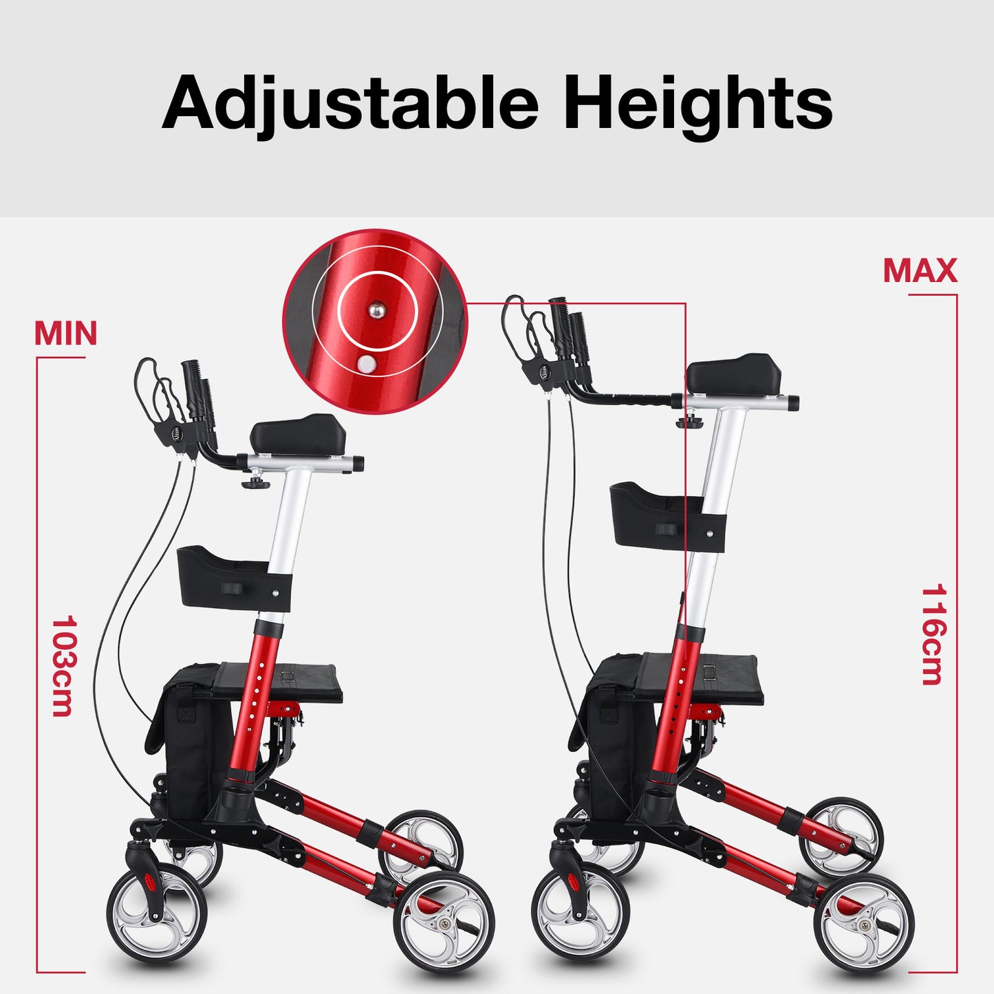 Red and black adjustable height walker with measurement labels on a gray background