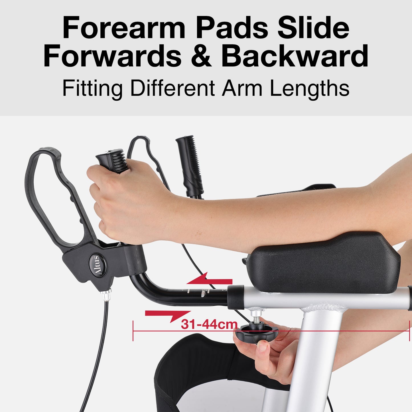 Person using an exercise bike with forearm pads that slide forward and backward for different arm lengths.