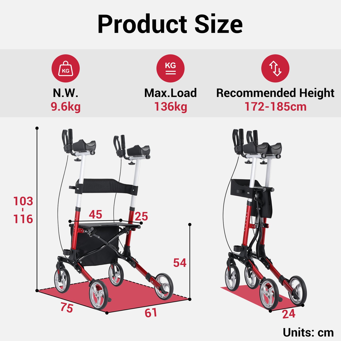 Product size chart for a mobility device with dimensions and weight information.