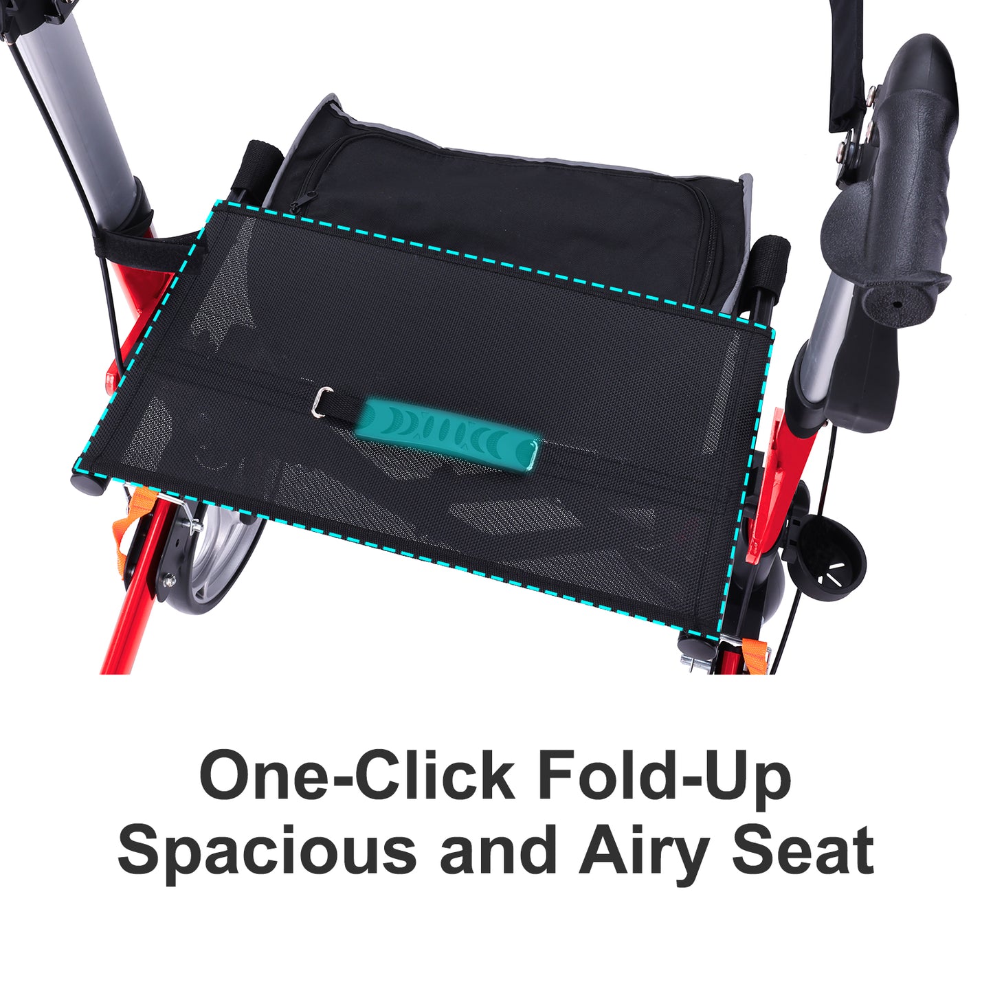 Features the padded, spacious seat of the Altus rollator, perfect for rest during long walks. The image might also show the seat’s durability and comfort design.